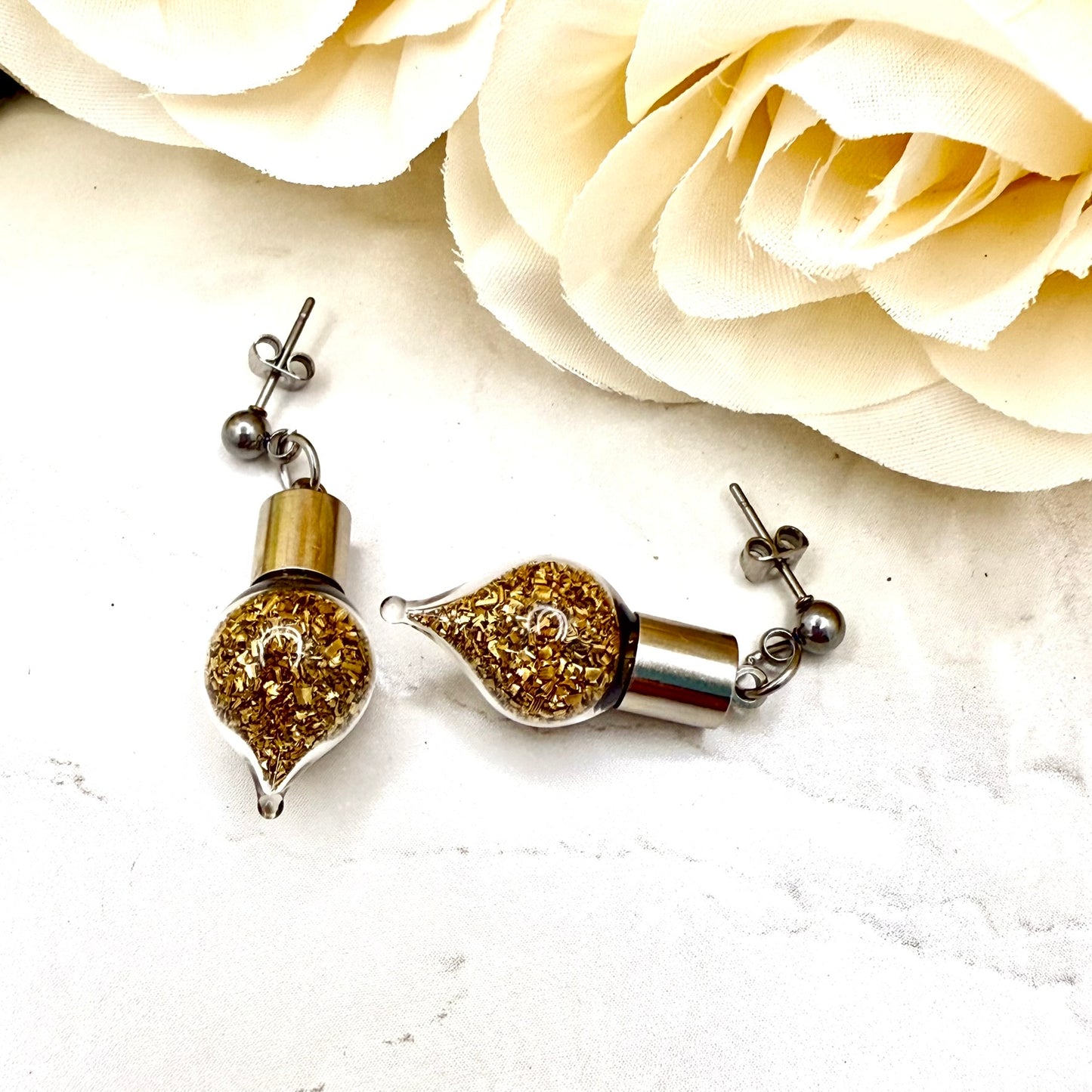 Luxury 21st Anniversary Stud Drop Earrings – Glass Drops with Fine Brass Shavings | Elegant Brass Gift for Her-Pendant & Earrings-Handmadeanniversary-Handmade Anniversary