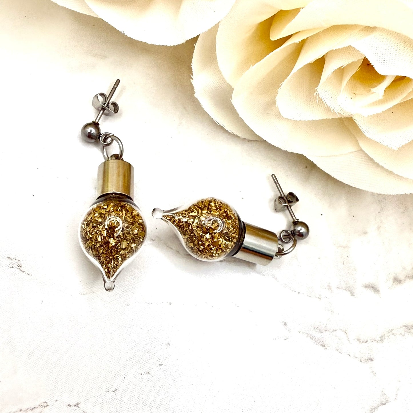 Luxury 21st Anniversary Stud Drop Earrings – Glass Drops with Fine Brass Shavings | Elegant Brass Gift for Her-Pendant & Earrings-Handmadeanniversary-Handmade Anniversary