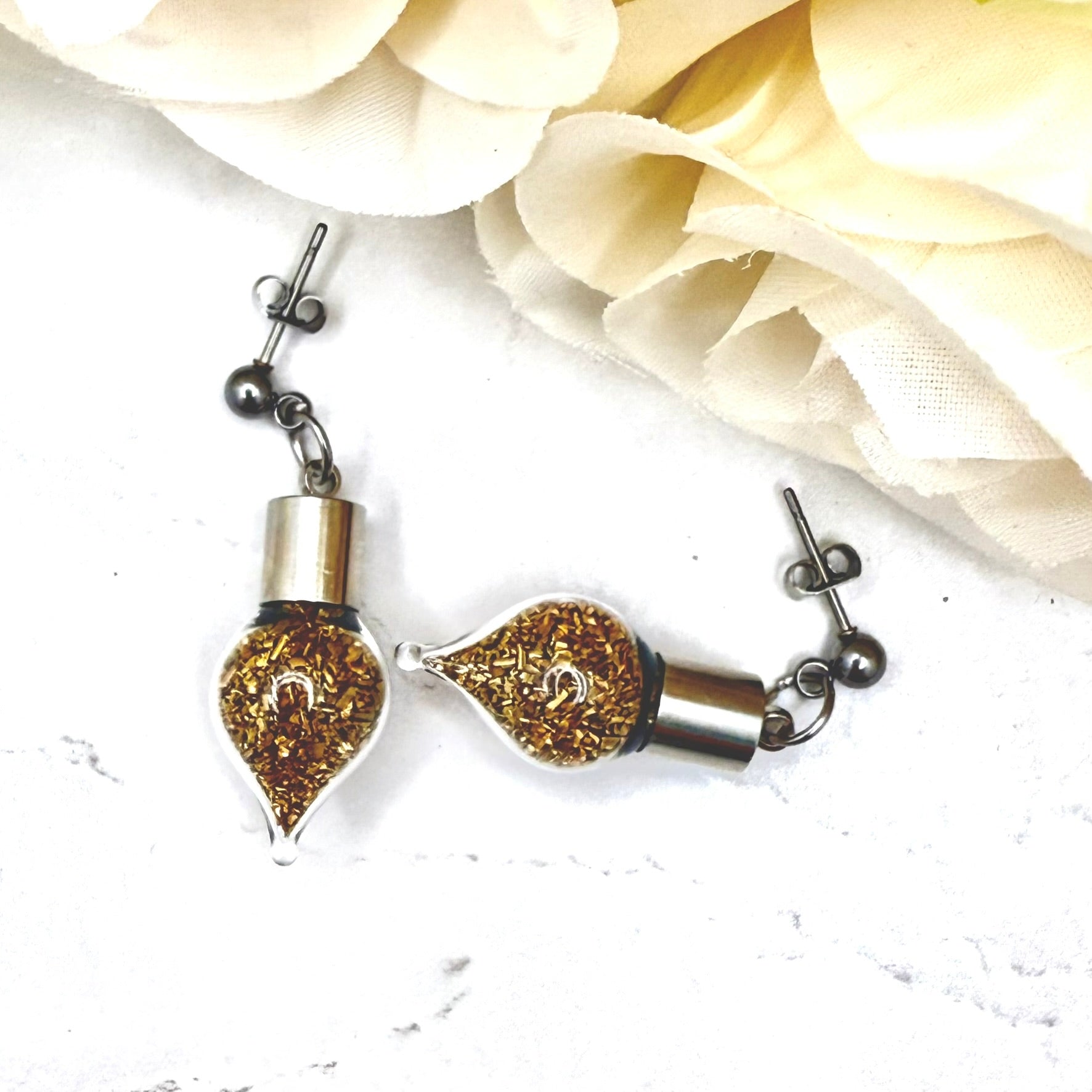 Luxury 21st Anniversary Stud Drop Earrings – Glass Drops with Fine Brass Shavings | Elegant Brass Gift for Her-Pendant & Earrings-Handmadeanniversary-Handmade Anniversary
