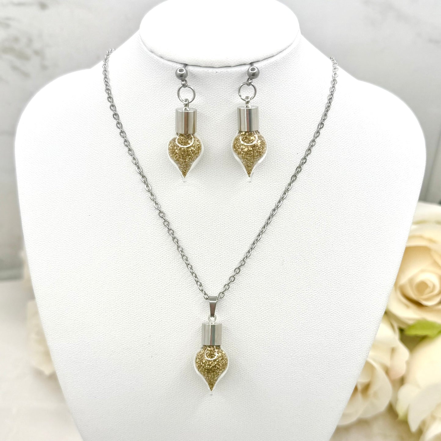 Luxury 21st Anniversary Stud Drop Earrings – Glass Drops with Fine Brass Shavings | Elegant Brass Gift for Her-Pendant & Earrings-Handmadeanniversary-Add Pendant-Handmade Anniversary