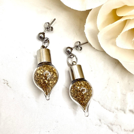 Luxury 21st Anniversary Stud Drop Earrings – Glass Drops with Fine Brass Shavings | Elegant Brass Gift for Her-Pendant & Earrings-Handmadeanniversary-Handmade Anniversary