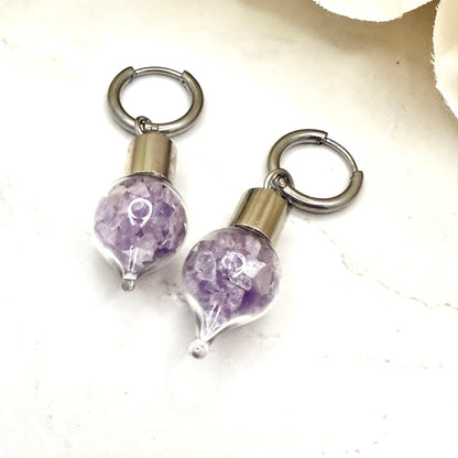 Luxury 33rd Anniversary Huggie Earrings – Glass Drops with Natural Raw Amethyst Shards | Elegant Amethyst Gift for Her-Pendant & Earrings-Handmadeanniversary-Earrings Only-Handmade Anniversary
