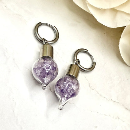 Luxury 33rd Anniversary Huggie Earrings – Glass Drops with Natural Raw Amethyst Shards | Elegant Amethyst Gift for Her-Pendant & Earrings-Handmadeanniversary-Handmade Anniversary