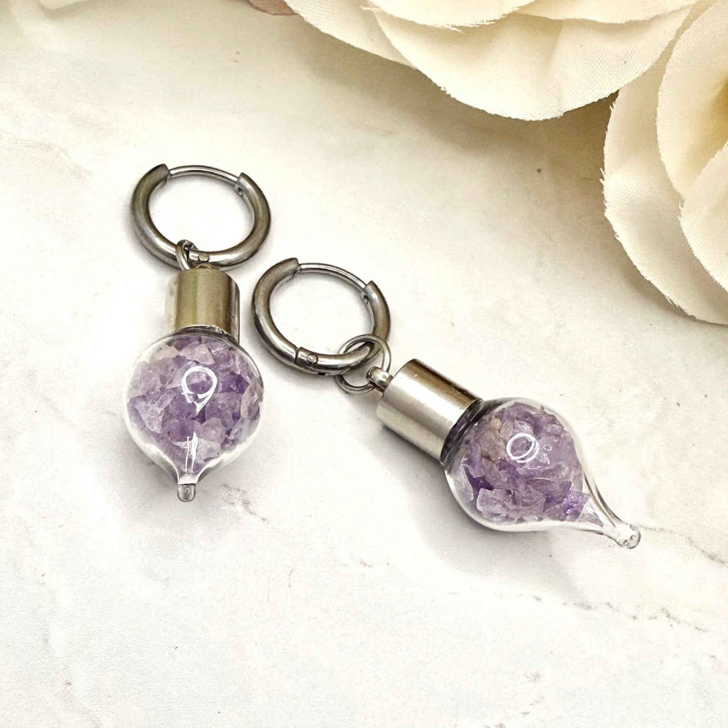Luxury 33rd Anniversary Huggie Earrings – Glass Drops with Natural Raw Amethyst Shards | Elegant Amethyst Gift for Her-Pendant & Earrings-Handmadeanniversary-Handmade Anniversary