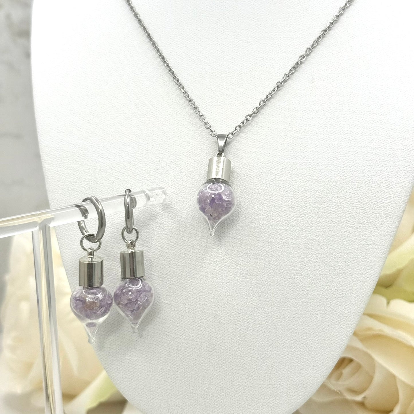 Luxury 33rd Anniversary Huggie Earrings – Glass Drops with Natural Raw Amethyst Shards | Elegant Amethyst Gift for Her-Pendant & Earrings-Handmadeanniversary-Add Pendant-Handmade Anniversary