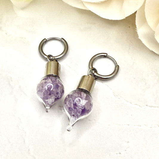 Luxury 33rd Anniversary Huggie Earrings – Glass Drops with Natural Raw Amethyst Shards | Elegant Amethyst Gift for Her-Pendant & Earrings-Handmadeanniversary-Handmade Anniversary