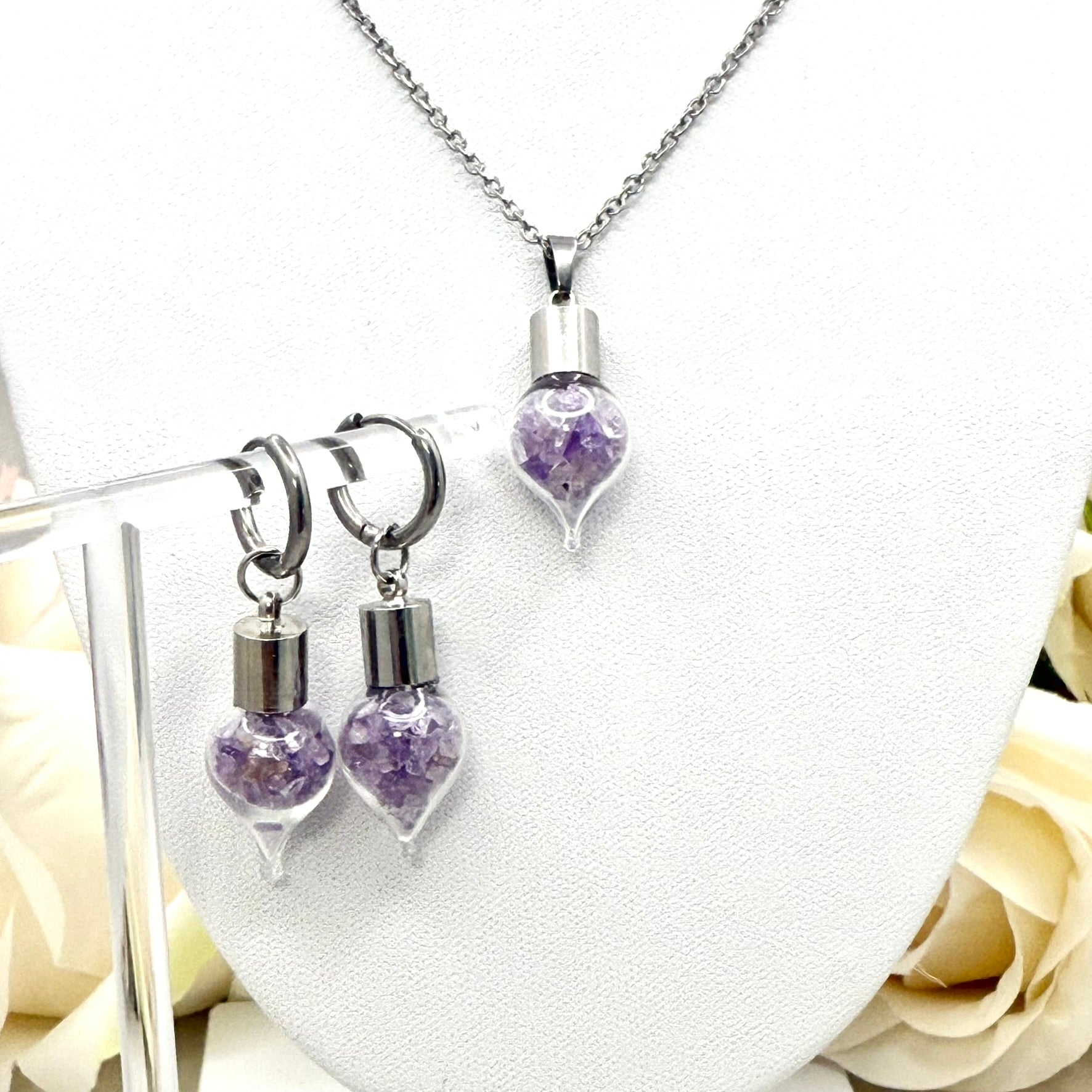 Luxury 33rd Anniversary Jewellery Set – Pendant & Earrings with Natural Raw Amethyst Shards | Elegant Amethyst Gift for Her-Pendant & Earrings-Handmadeanniversary-Handmade Anniversary