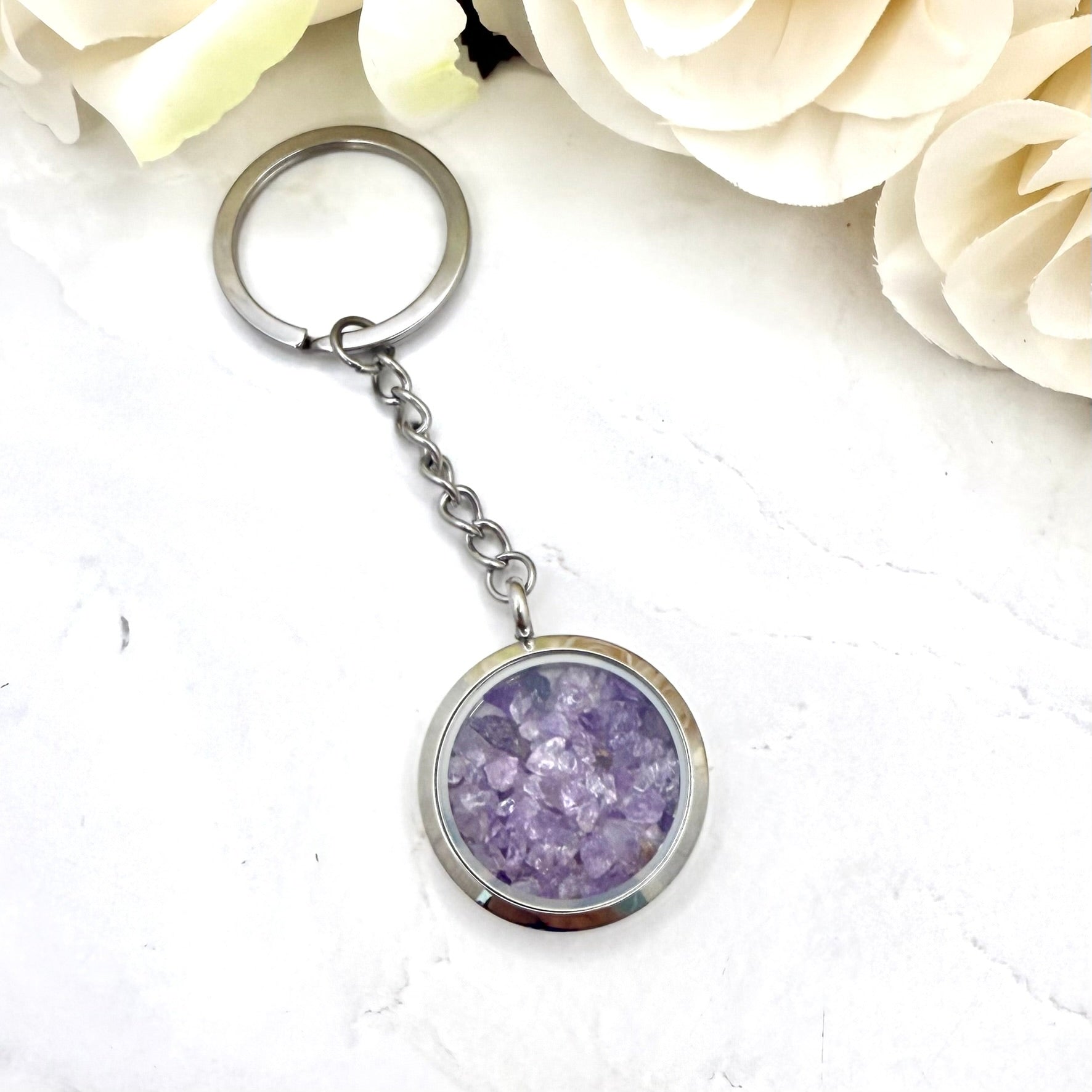 Luxury 33rd Anniversary Keyring – Filled with Natural Raw Amethyst Shards | Elegant Amethyst Gift for Him or Her-Keyring-Handmadeanniversary-Handmade Anniversary
