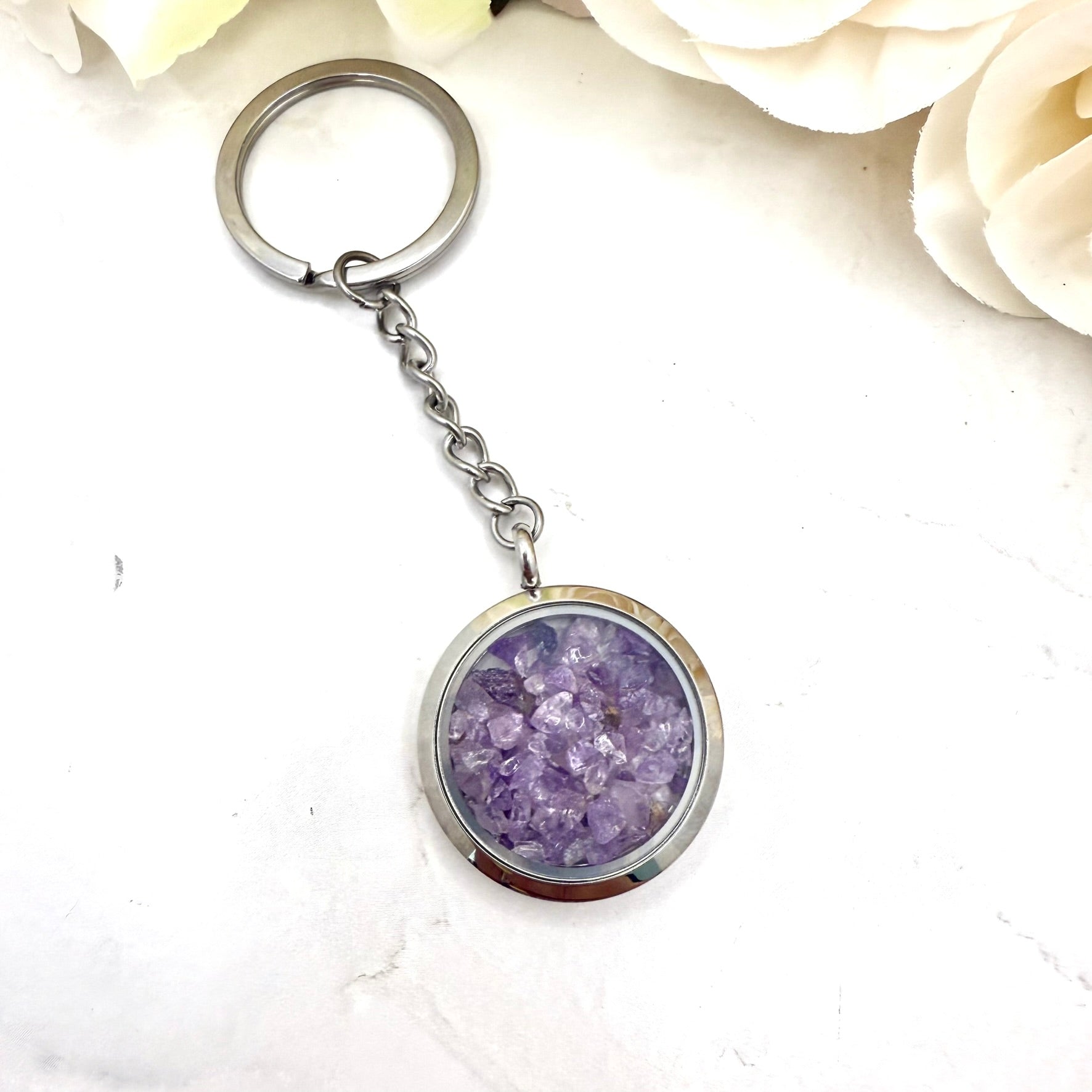 Luxury 33rd Anniversary Keyring – Filled with Natural Raw Amethyst Shards | Elegant Amethyst Gift for Him or Her-Keyring-Handmadeanniversary-Handmade Anniversary