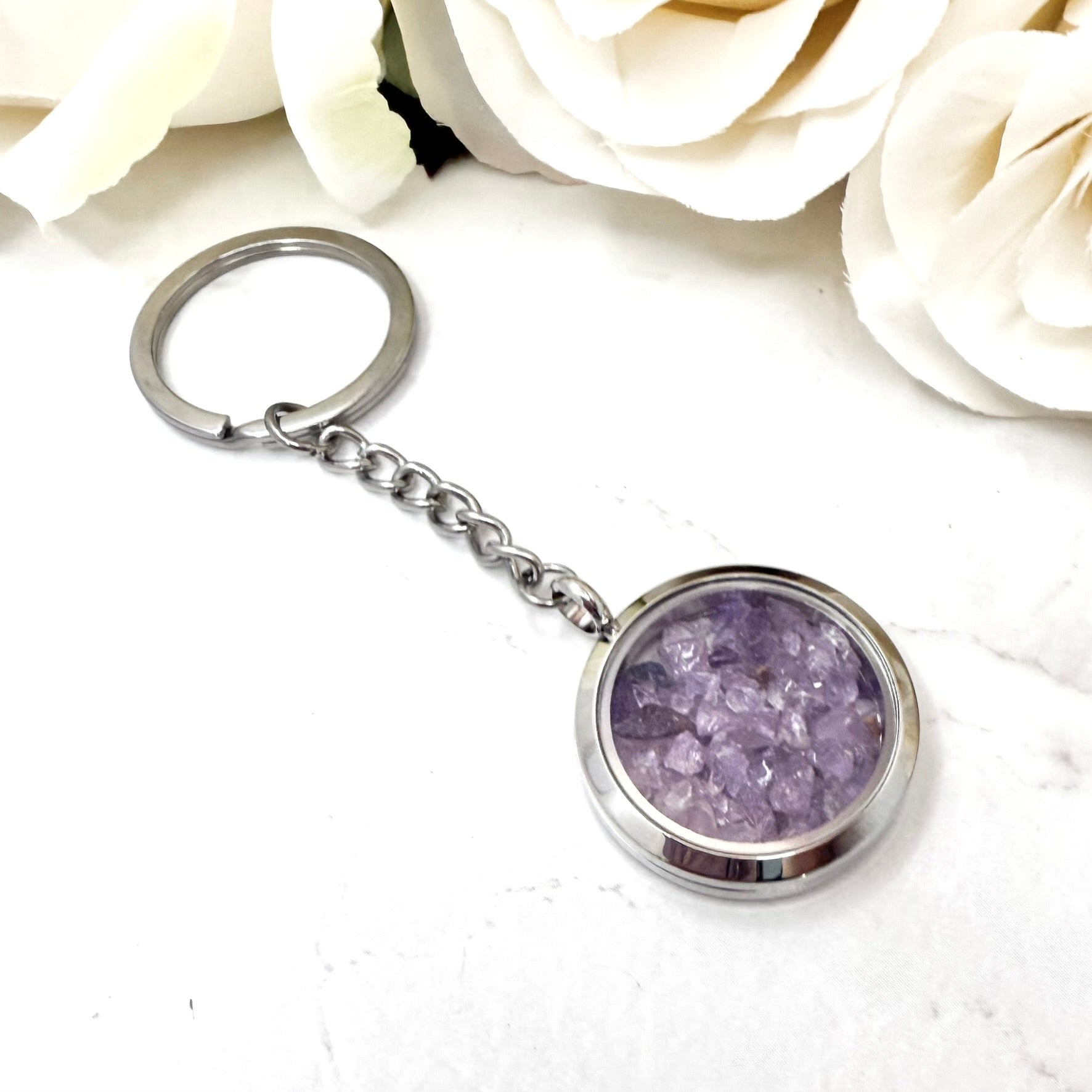 Luxury 33rd Anniversary Keyring – Filled with Natural Raw Amethyst Shards | Elegant Amethyst Gift for Him or Her-Keyring-Handmadeanniversary-Handmade Anniversary