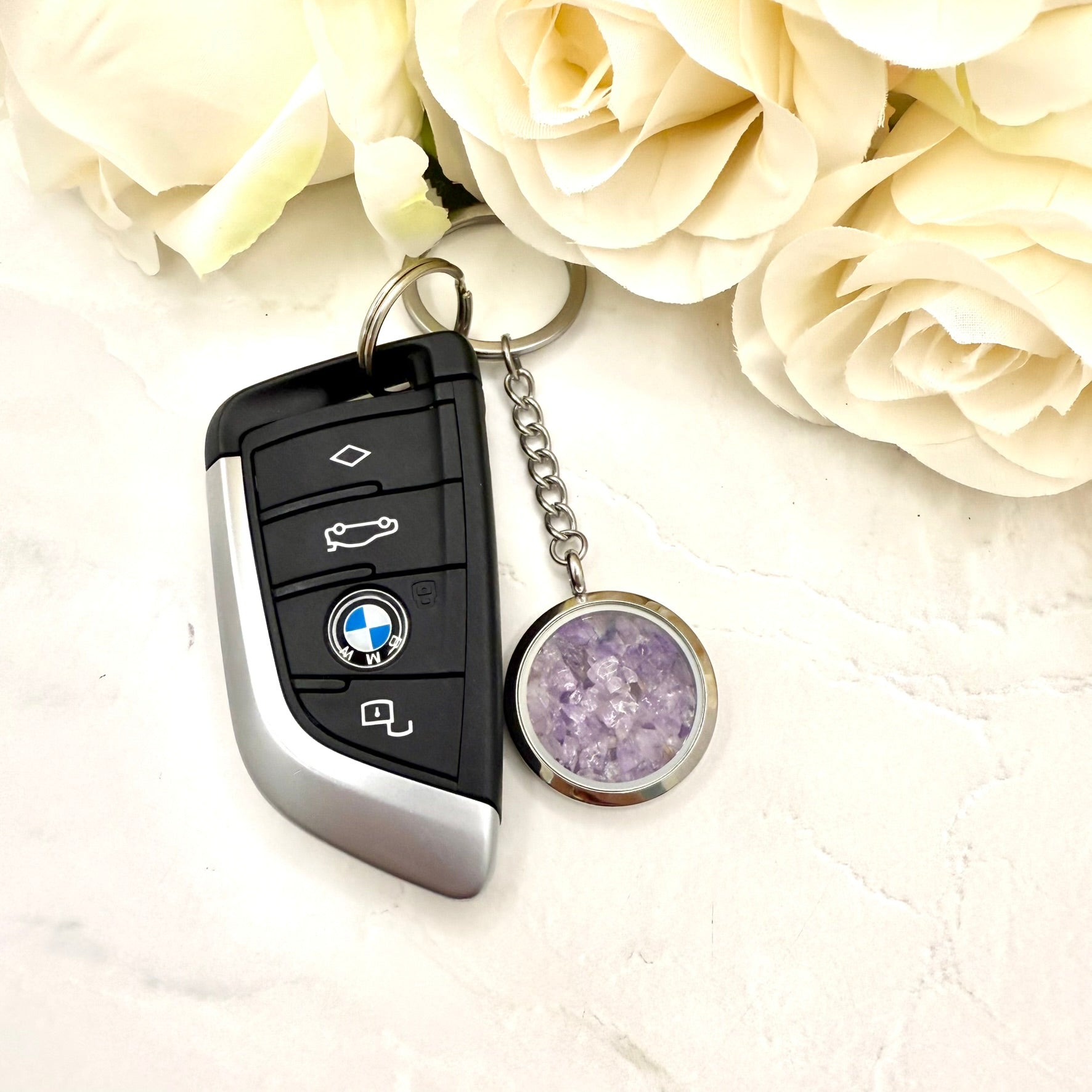 Luxury 33rd Anniversary Keyring – Filled with Natural Raw Amethyst Shards | Elegant Amethyst Gift for Him or Her-Keyring-Handmadeanniversary-Handmade Anniversary