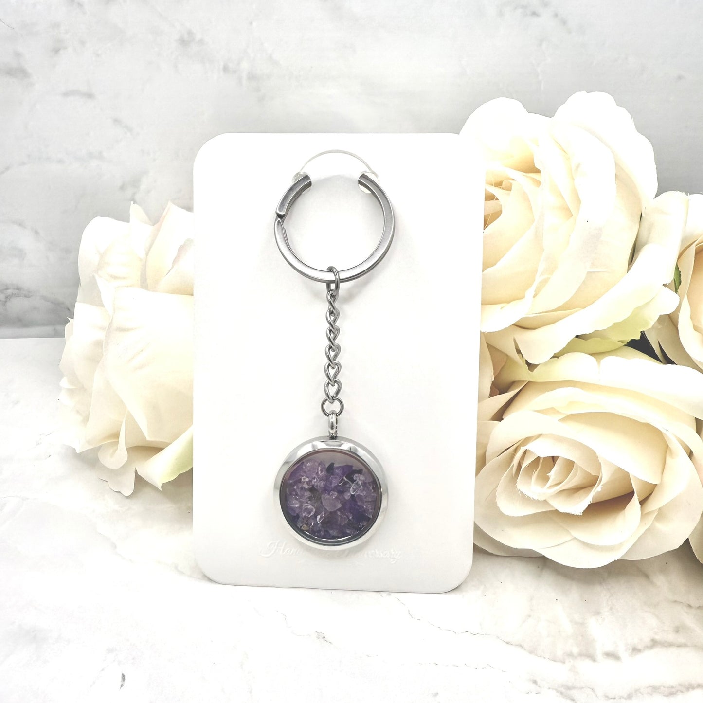 Luxury 33rd Anniversary Keyring – Filled with Natural Raw Amethyst Shards | Elegant Amethyst Gift for Him or Her-Keyring-Handmadeanniversary-Handmade Anniversary