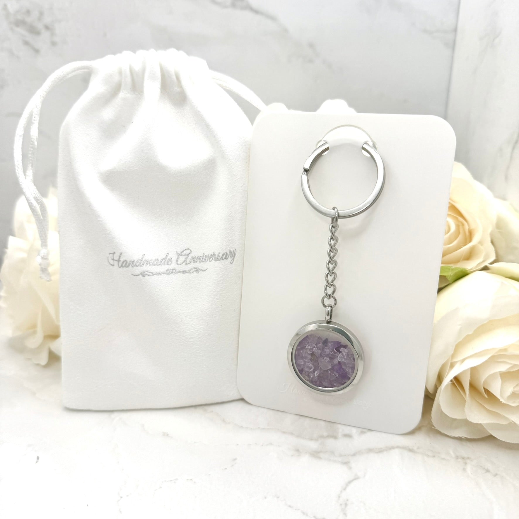 Luxury 33rd Anniversary Keyring – Filled with Natural Raw Amethyst Shards | Elegant Amethyst Gift for Him or Her-Keyring-Handmadeanniversary-Handmade Anniversary