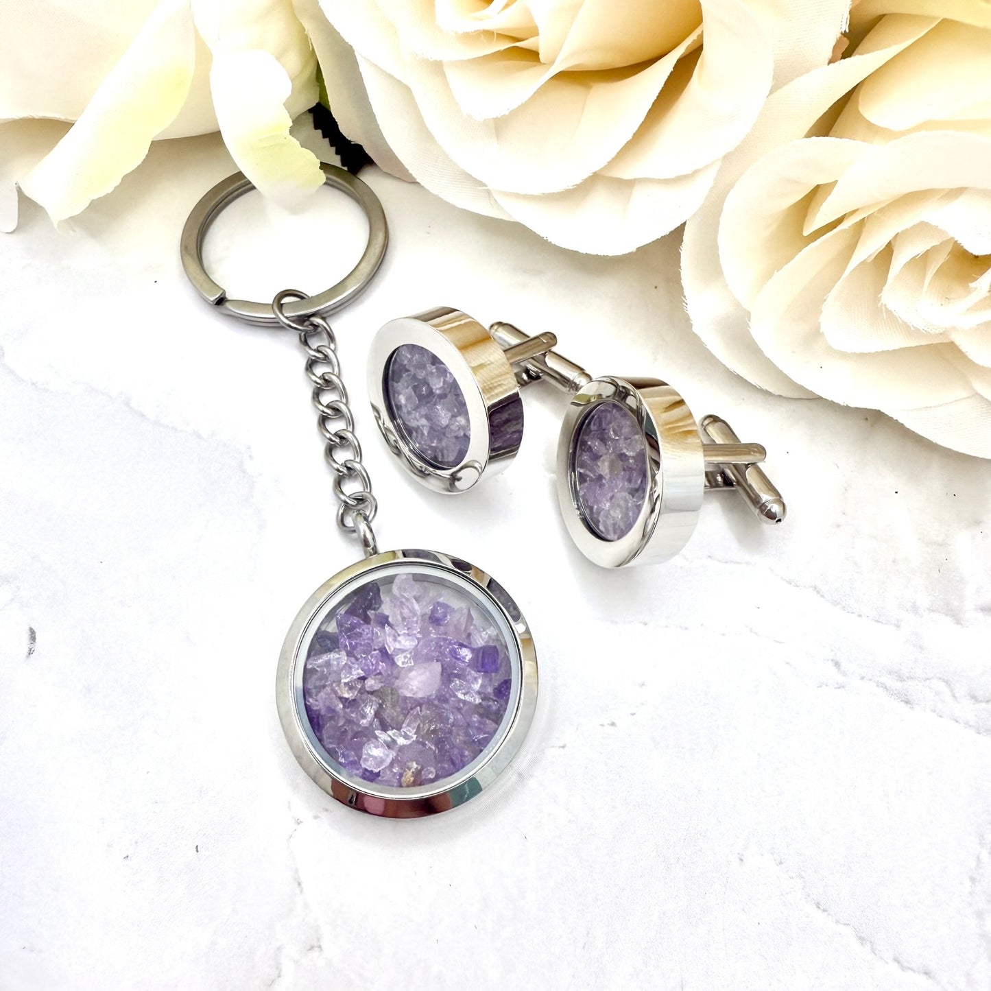 Luxury 33rd Anniversary Keyring – Filled with Natural Raw Amethyst Shards | Elegant Amethyst Gift for Him or Her-Keyring-Handmadeanniversary-Add Cufflinks-Handmade Anniversary