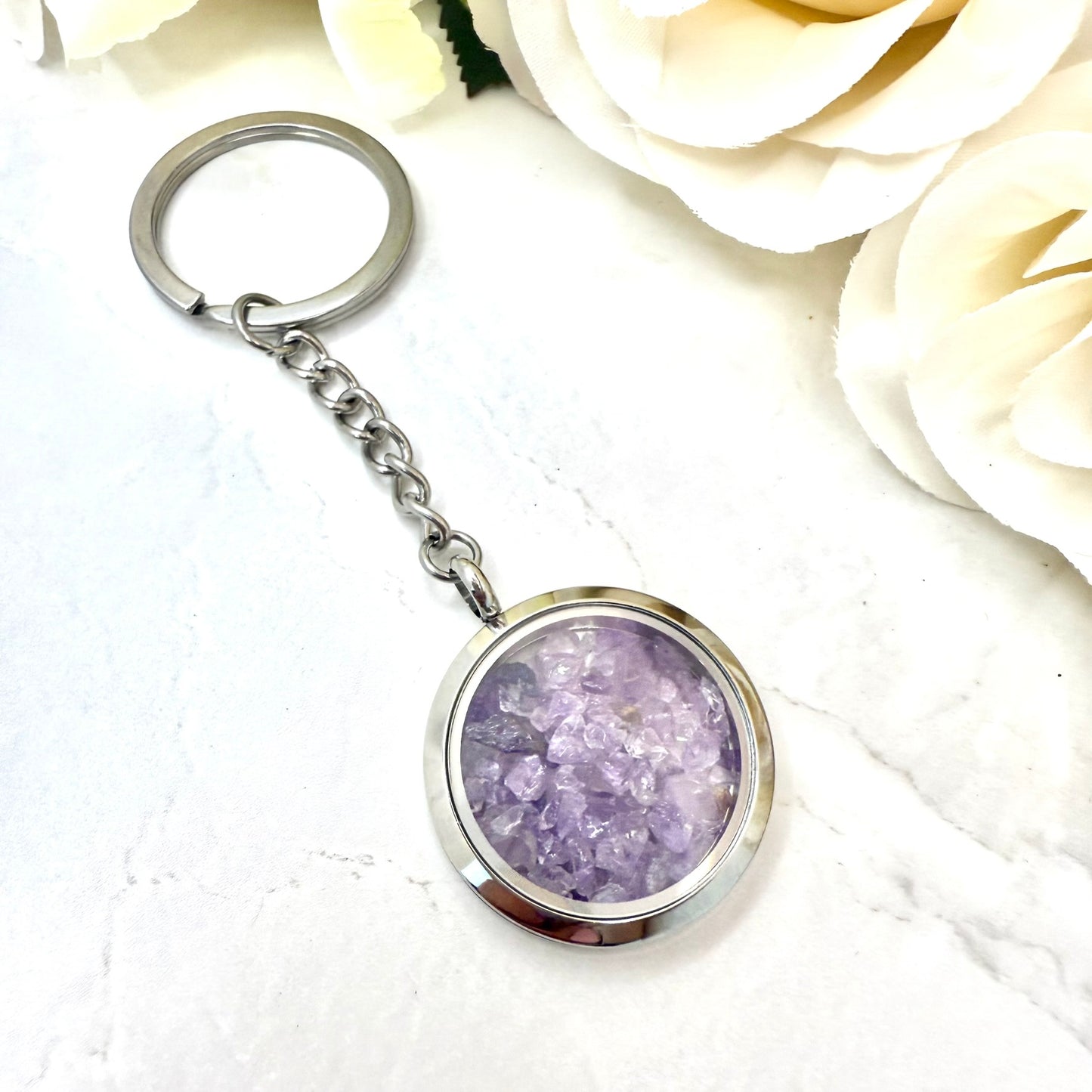 Luxury 33rd Anniversary Keyring – Filled with Natural Raw Amethyst Shards | Elegant Amethyst Gift for Him or Her-Keyring-Handmadeanniversary-Key Ring Only-Handmade Anniversary