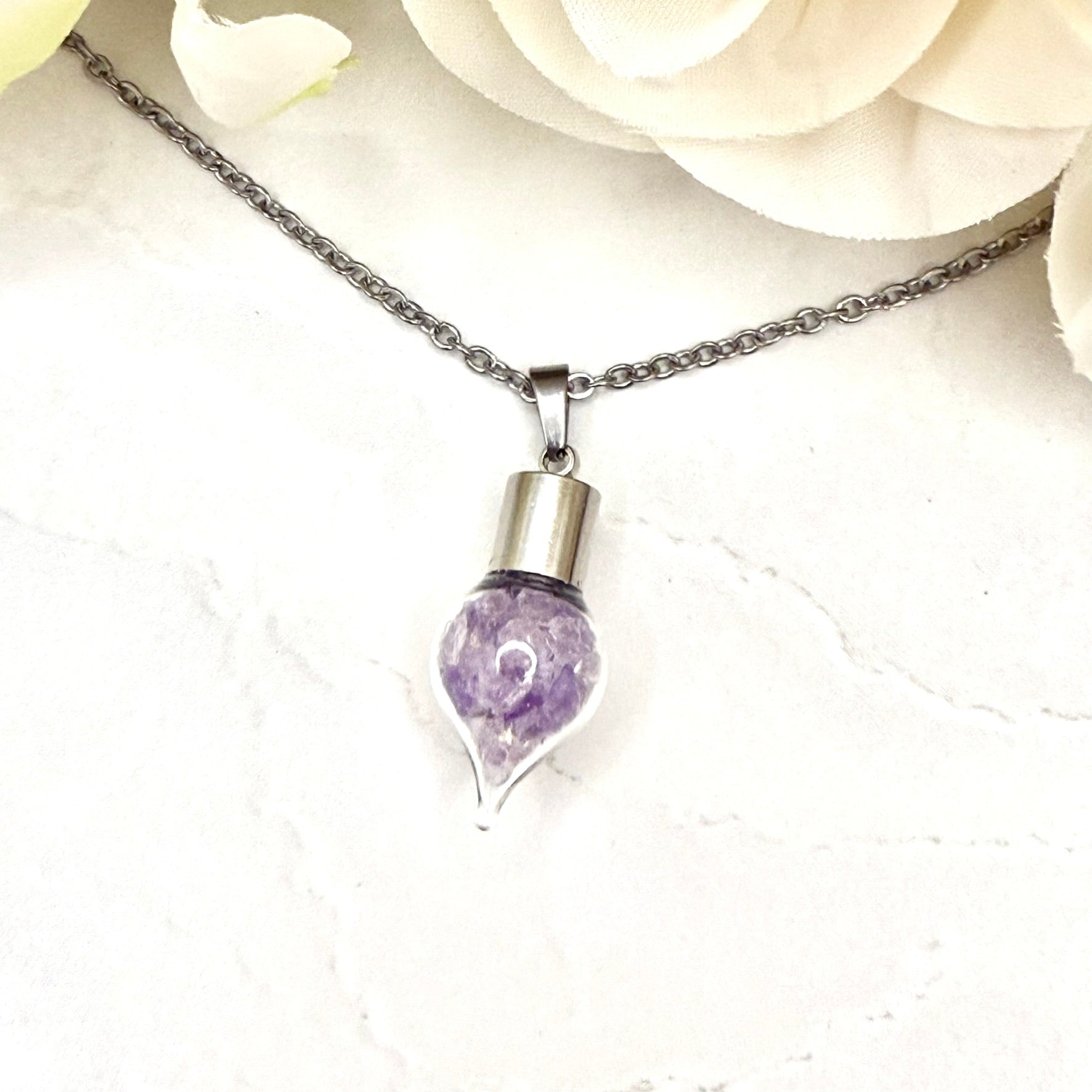 Luxury 33rd Anniversary Pendant – Glass Drop with Natural Raw Amethyst Shards | Elegant Gift for Her-Pendant & Earrings-Handmadeanniversary-Handmade Anniversary