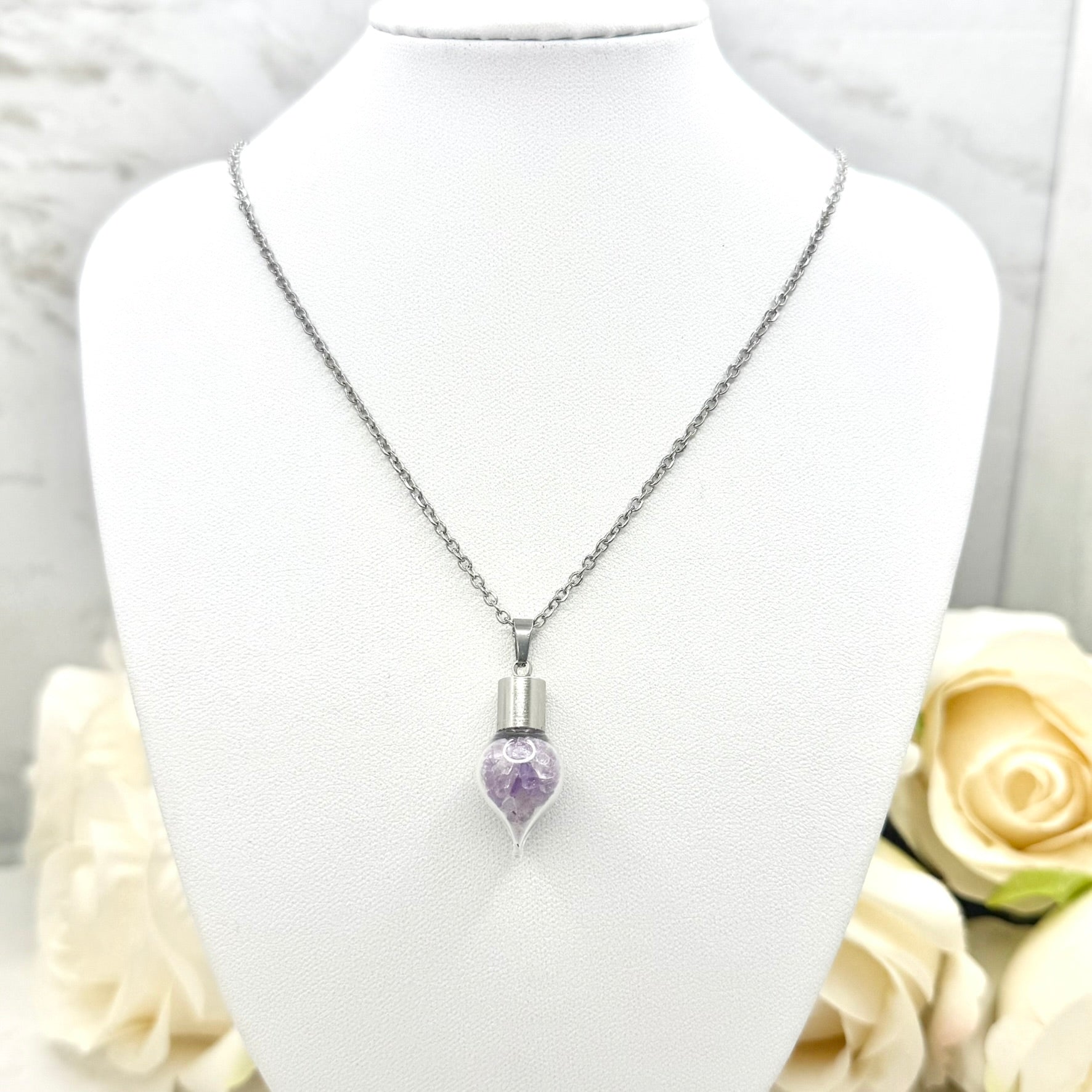 Luxury 33rd Anniversary Pendant – Glass Drop with Natural Raw Amethyst Shards | Elegant Gift for Her-Pendant & Earrings-Handmadeanniversary-Pendant Only-Handmade Anniversary