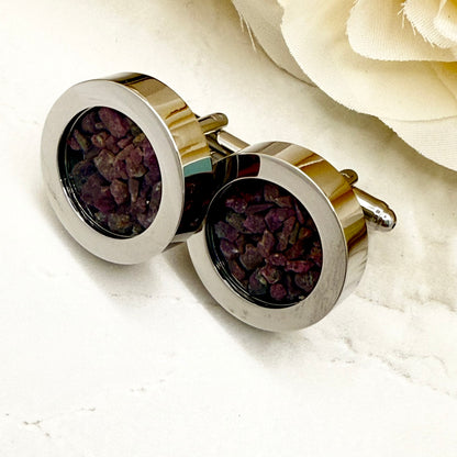 Luxury 40th Anniversary Cufflinks – Filled with Natural Raw Ruby Chips | Elegant Gift for Him-Cufflinks-Handmadeanniversary-Handmade Anniversary