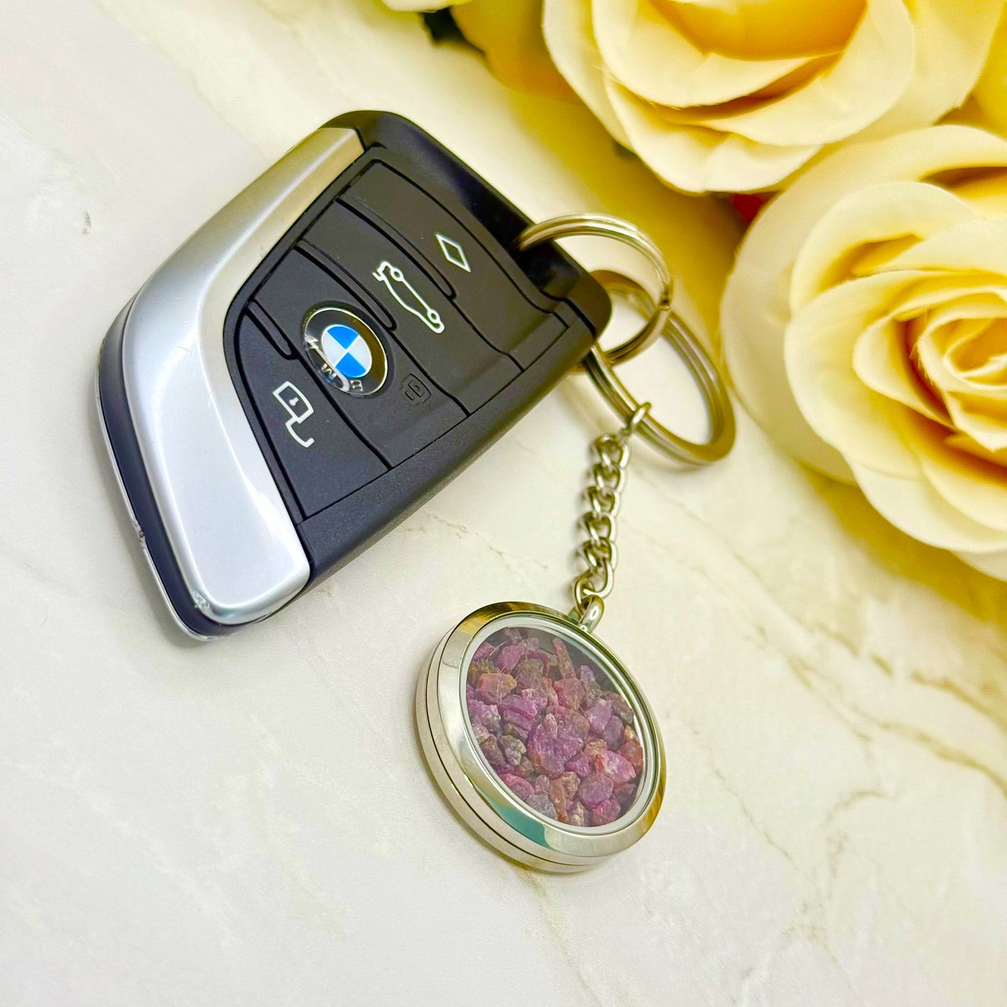 Luxury 40th Anniversary Keyring – Filled with Natural Raw Ruby Chips | Elegant Ruby Gift for Him or Her