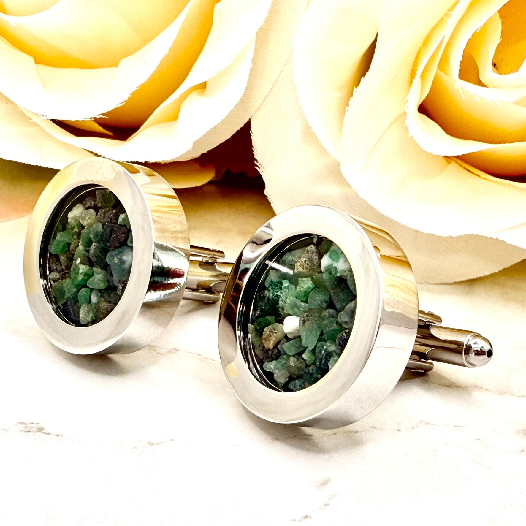 Luxury 55th Anniversary Cufflinks – Filled with Natural Raw Emerald Fragments | Elegant Gift for Him-Cufflinks-Handmadeanniversary-Handmade Anniversary
