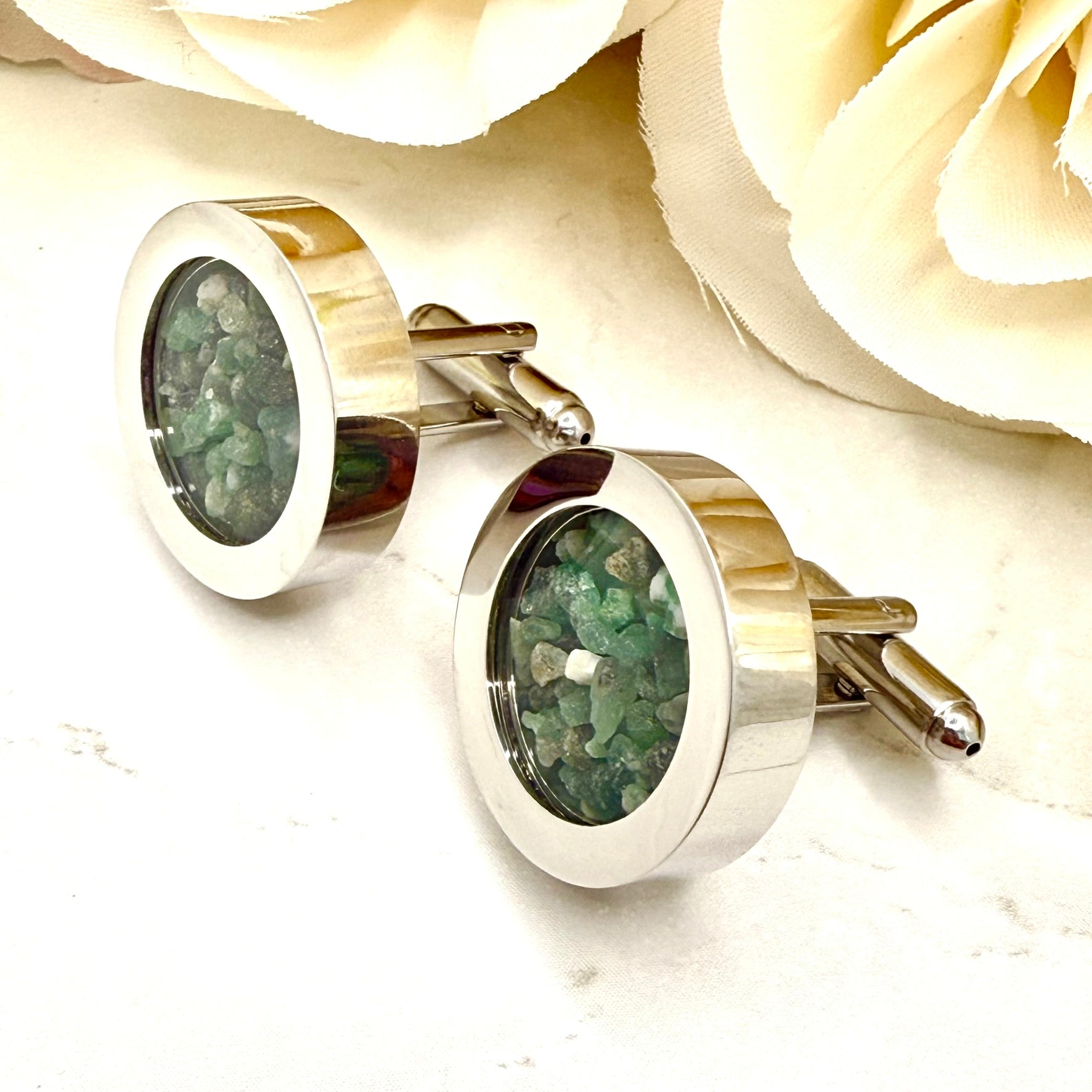 Luxury 55th Anniversary Cufflinks – Filled with Natural Raw Emerald Fragments | Elegant Gift for Him-Cufflinks-Handmadeanniversary-Handmade Anniversary