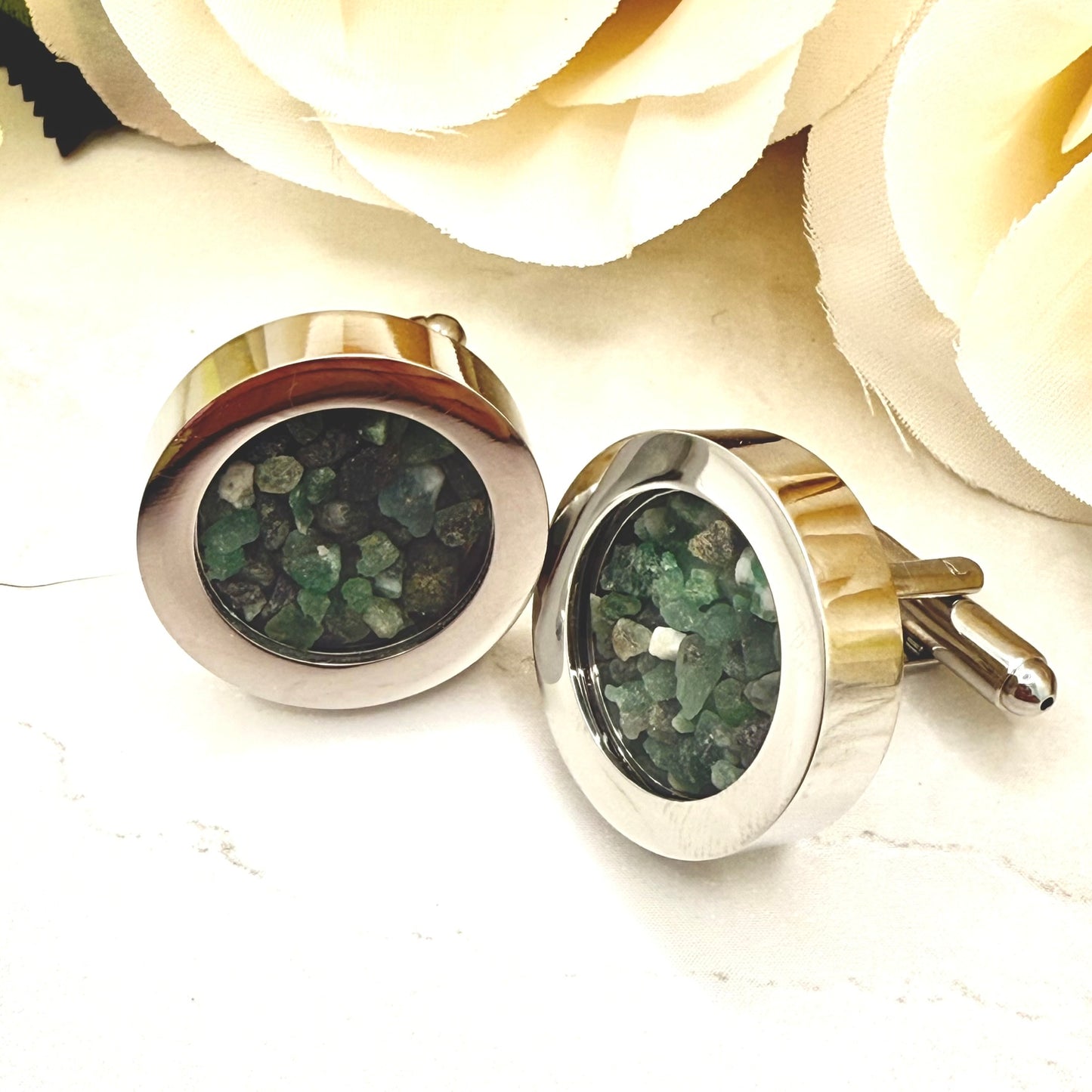 Luxury 55th Anniversary Cufflinks – Filled with Natural Raw Emerald Fragments | Elegant Gift for Him-Cufflinks-Handmadeanniversary-Handmade Anniversary