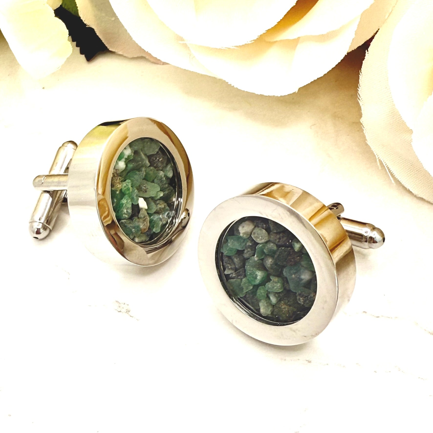Luxury 55th Anniversary Cufflinks – Filled with Natural Raw Emerald Fragments | Elegant Gift for Him-Cufflinks-Handmadeanniversary-Handmade Anniversary