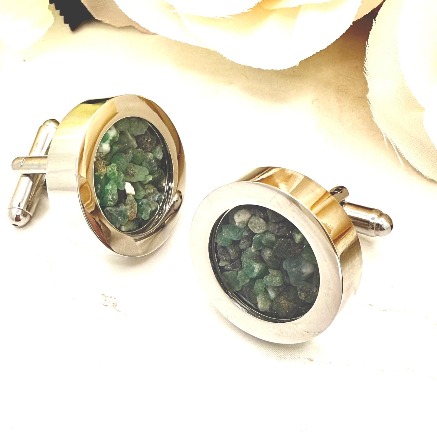 Luxury 55th Anniversary Cufflinks – Filled with Natural Raw Emerald Fragments | Elegant Gift for Him-Cufflinks-Handmadeanniversary-Handmade Anniversary
