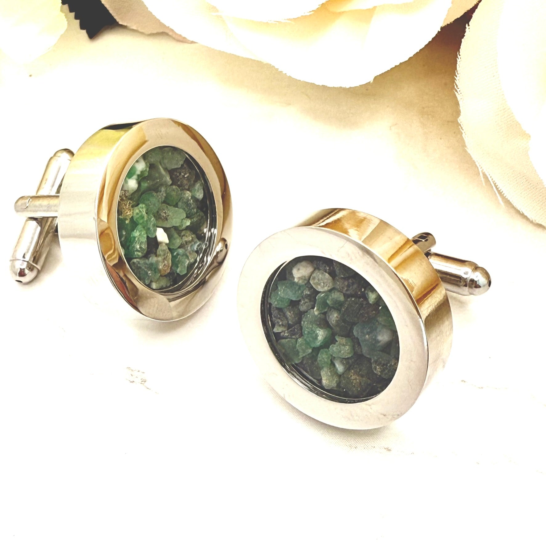 Luxury 55th Anniversary Cufflinks – Filled with Natural Raw Emerald Fragments | Elegant Gift for Him-Cufflinks-Handmadeanniversary-Handmade Anniversary