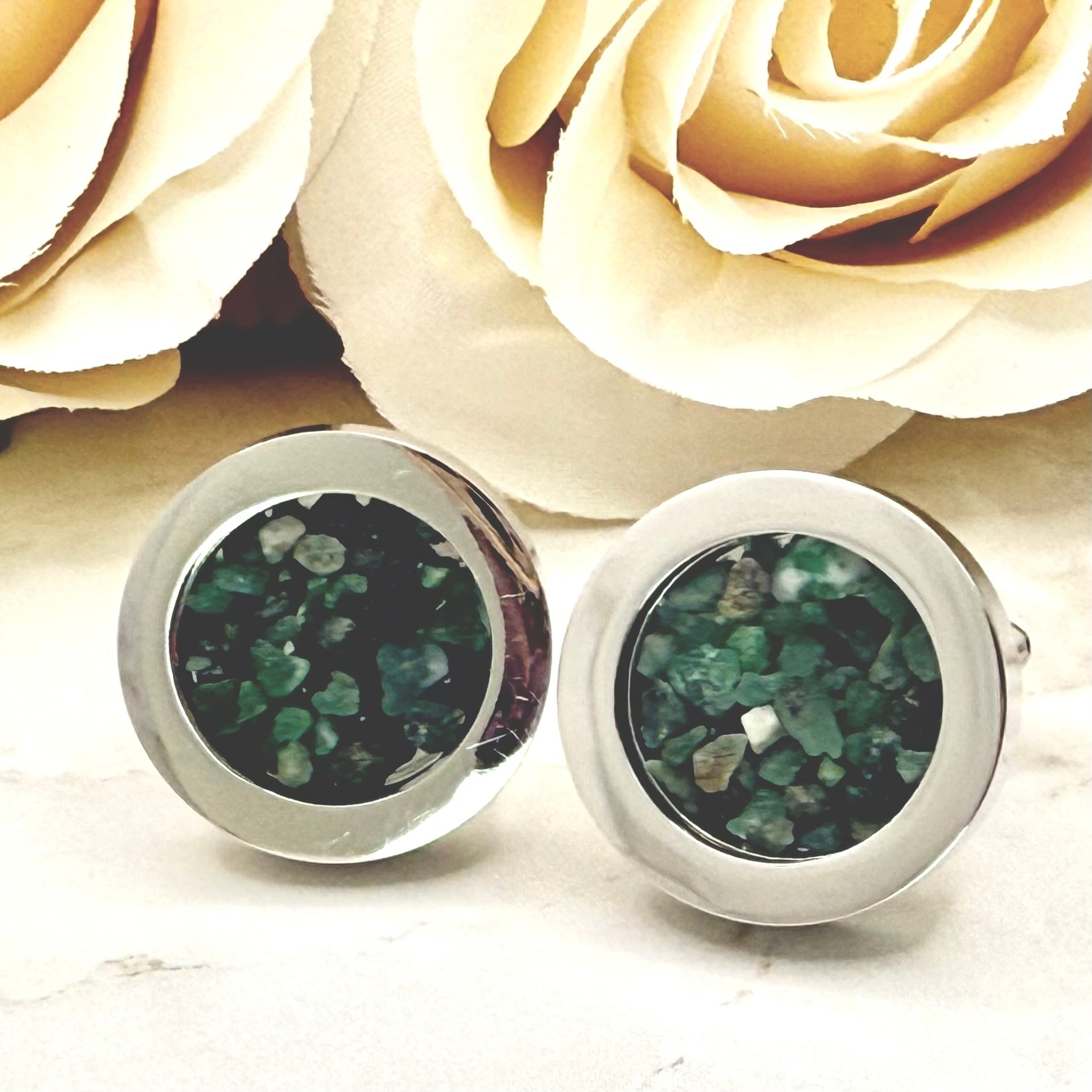 Luxury 55th Anniversary Cufflinks – Filled with Natural Raw Emerald Fragments | Elegant Gift for Him-Cufflinks-Handmadeanniversary-Handmade Anniversary