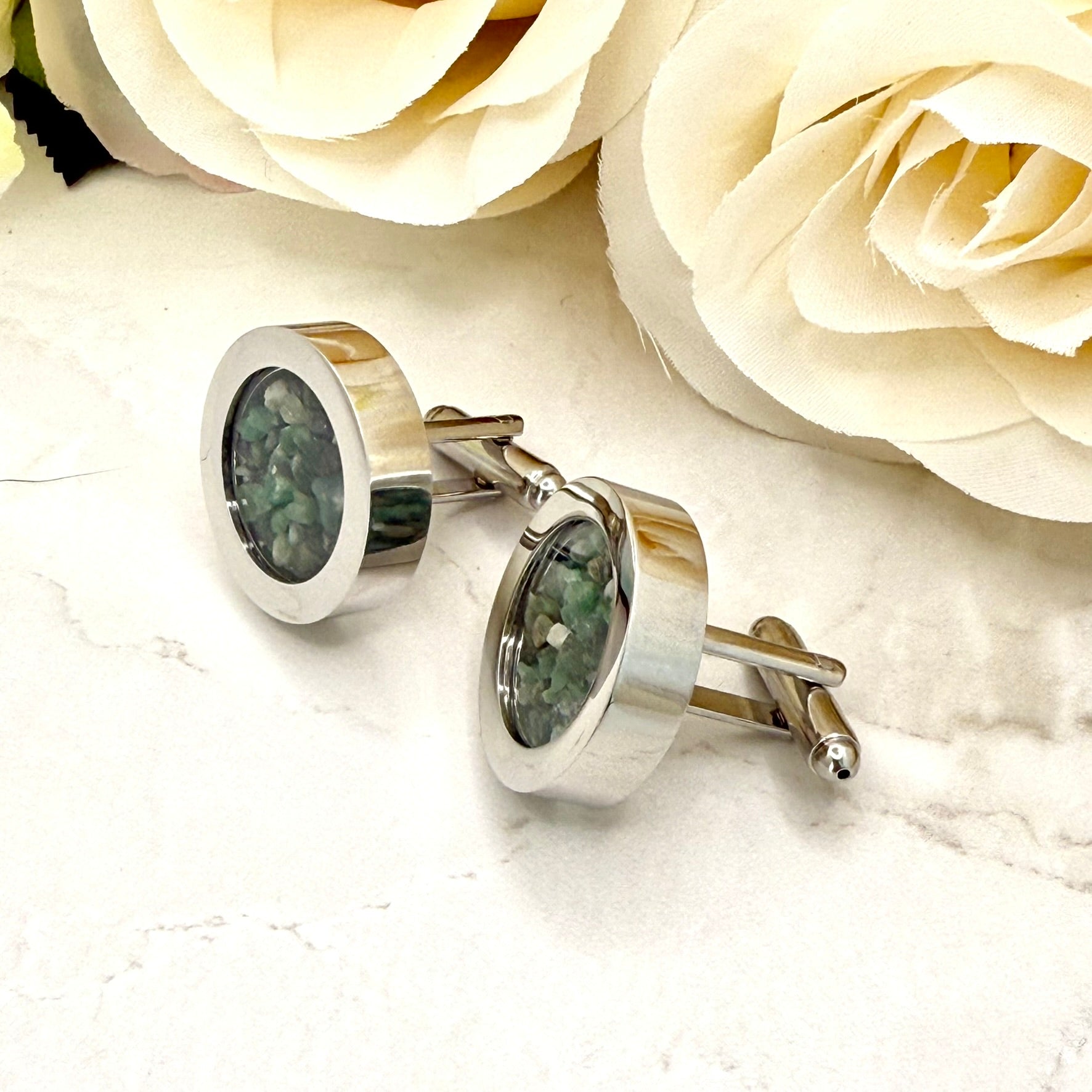 Luxury 55th Anniversary Cufflinks – Filled with Natural Raw Emerald Fragments | Elegant Gift for Him-Cufflinks-Handmadeanniversary-Handmade Anniversary