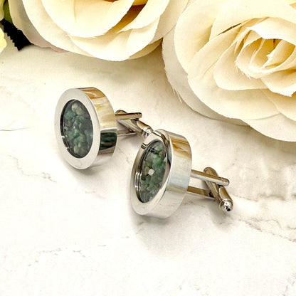 Luxury 55th Anniversary Cufflinks – Filled with Natural Raw Emerald Fragments | Elegant Gift for Him-Cufflinks-Handmadeanniversary-Handmade Anniversary