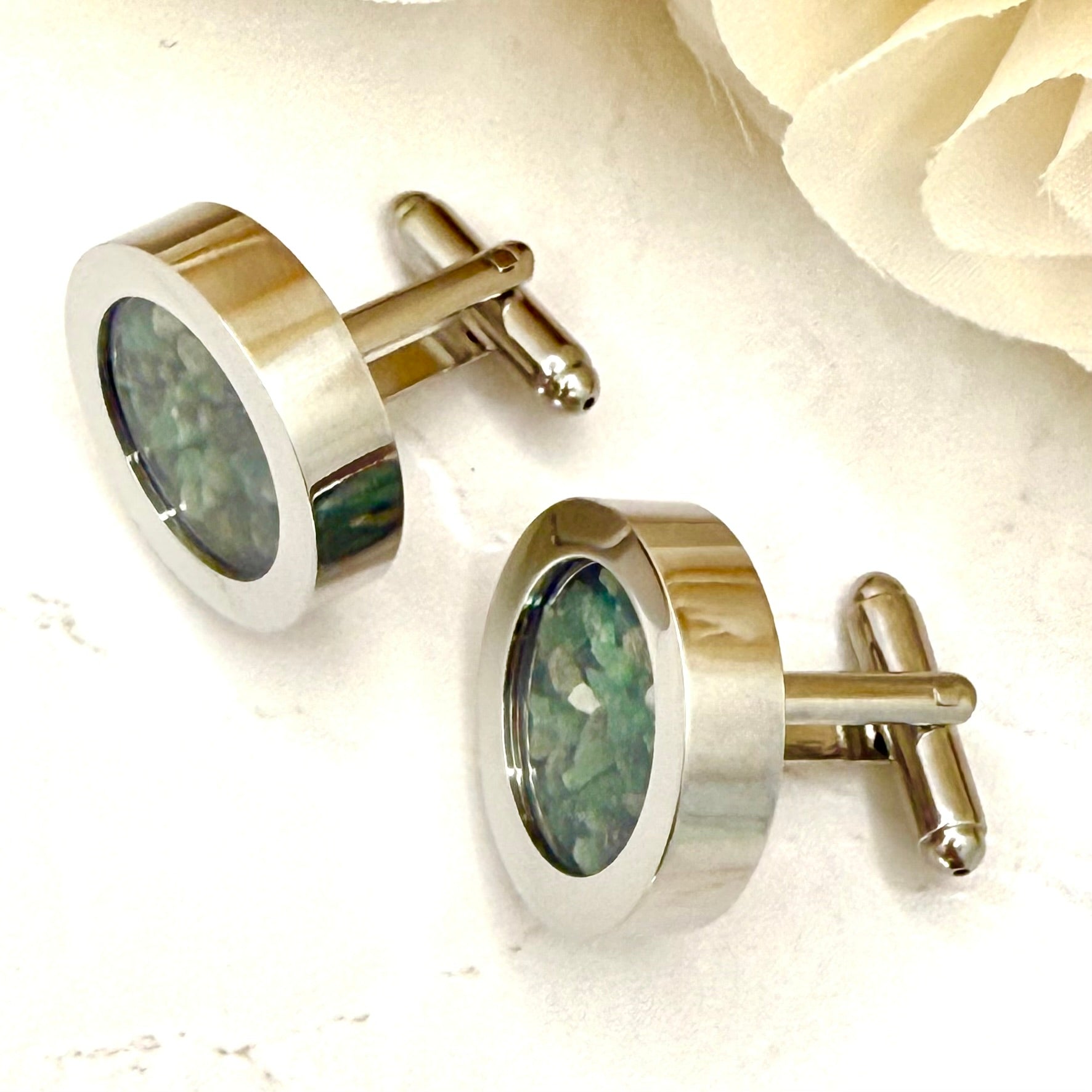 Luxury 55th Anniversary Cufflinks – Filled with Natural Raw Emerald Fragments | Elegant Gift for Him-Cufflinks-Handmadeanniversary-Handmade Anniversary