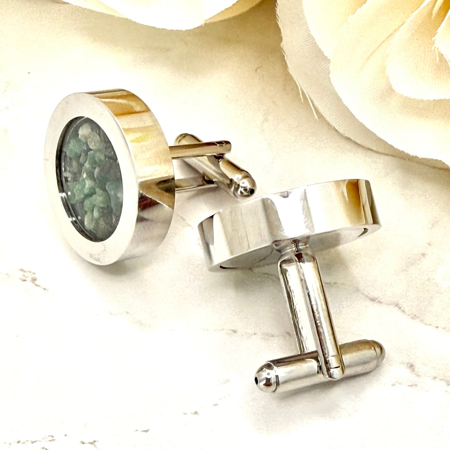 Luxury 55th Anniversary Cufflinks – Filled with Natural Raw Emerald Fragments | Elegant Gift for Him-Cufflinks-Handmadeanniversary-Handmade Anniversary