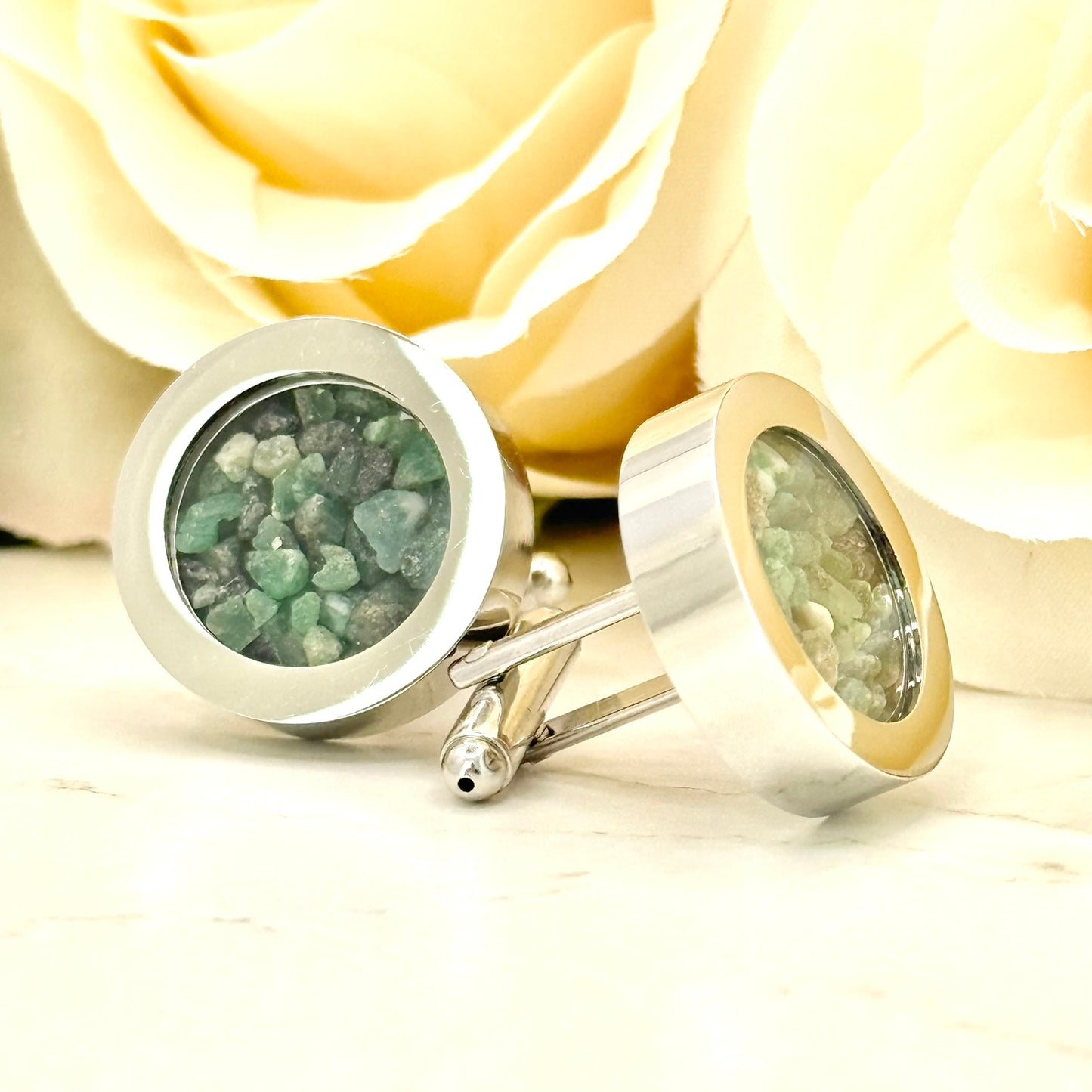 Luxury 55th Anniversary Cufflinks – Filled with Natural Raw Emerald Fragments | Elegant Gift for Him-Cufflinks-Handmadeanniversary-Handmade Anniversary