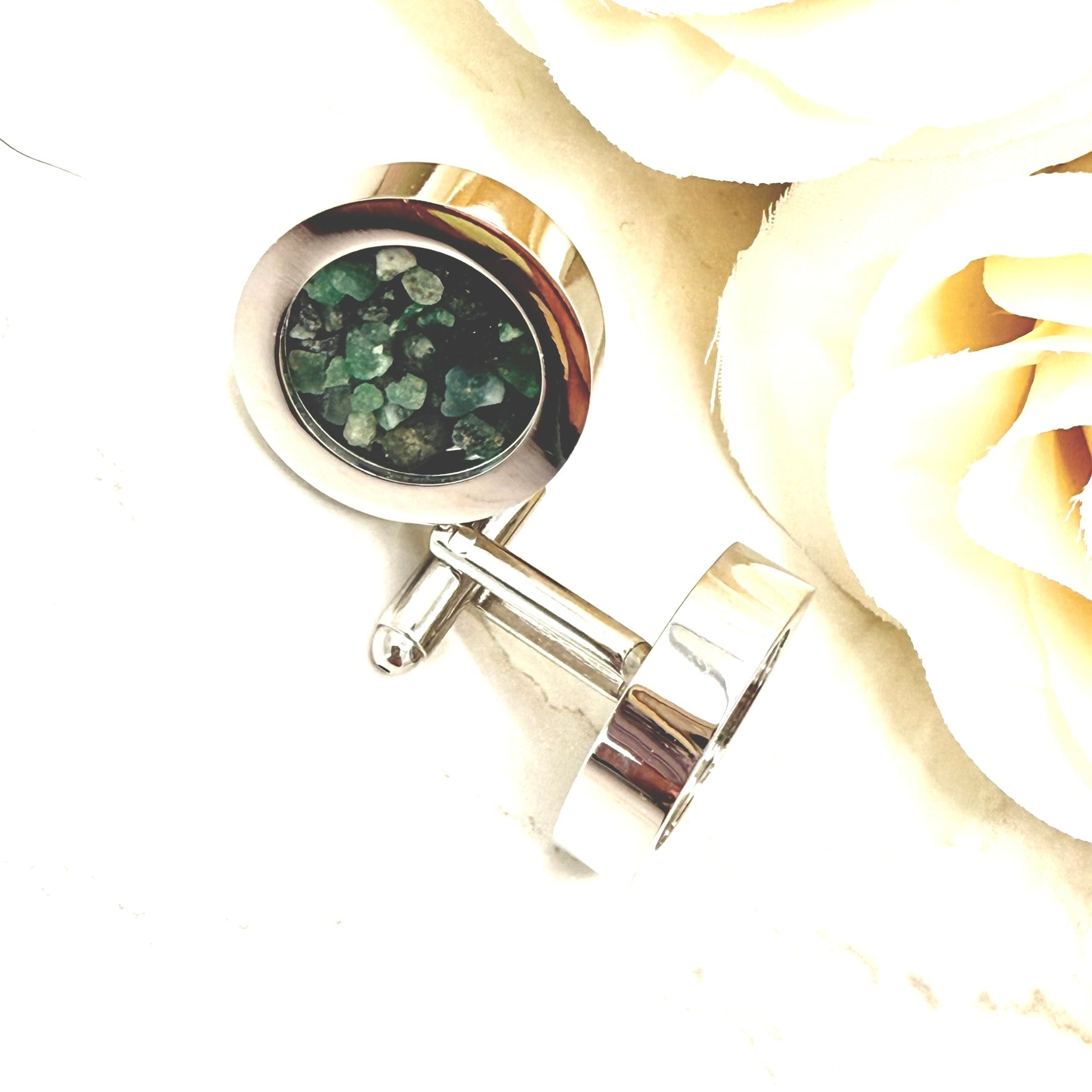 Luxury 55th Anniversary Cufflinks – Filled with Natural Raw Emerald Fragments | Elegant Gift for Him-Cufflinks-Handmadeanniversary-Handmade Anniversary