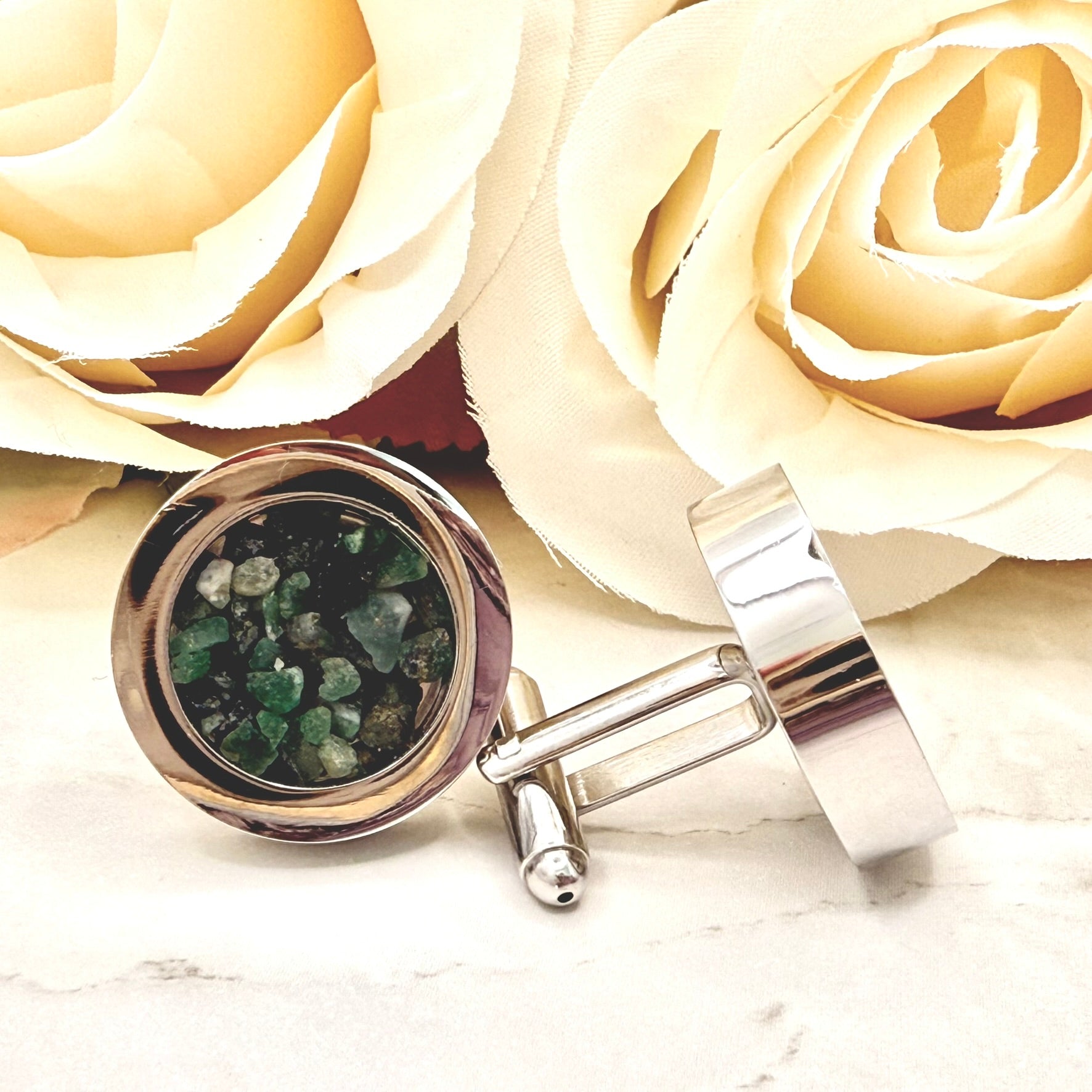 Luxury 55th Anniversary Cufflinks – Filled with Natural Raw Emerald Fragments | Elegant Gift for Him-Cufflinks-Handmadeanniversary-Handmade Anniversary