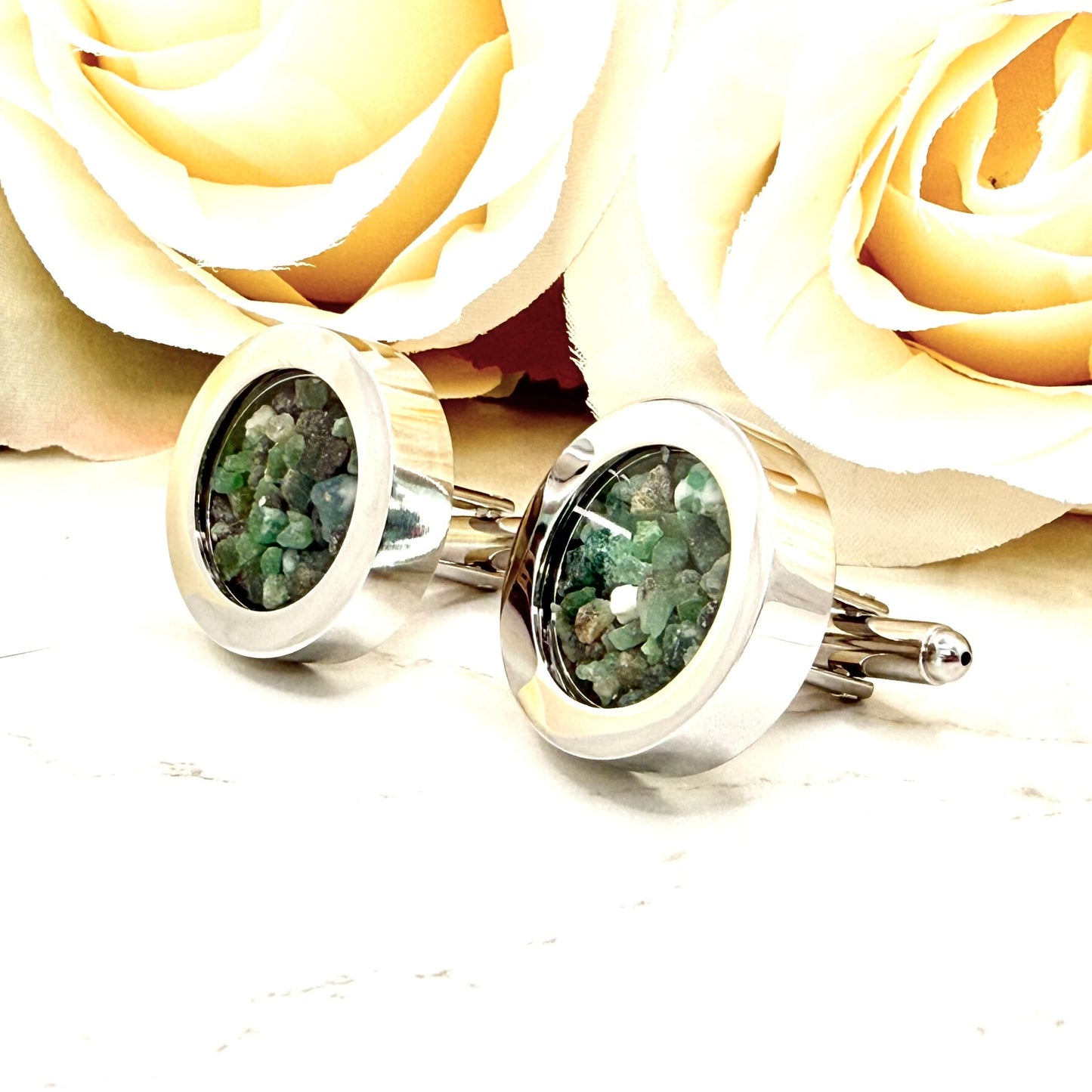 Luxury 55th Anniversary Cufflinks – Filled with Natural Raw Emerald Fragments | Elegant Gift for Him-Cufflinks-Handmadeanniversary-Handmade Anniversary