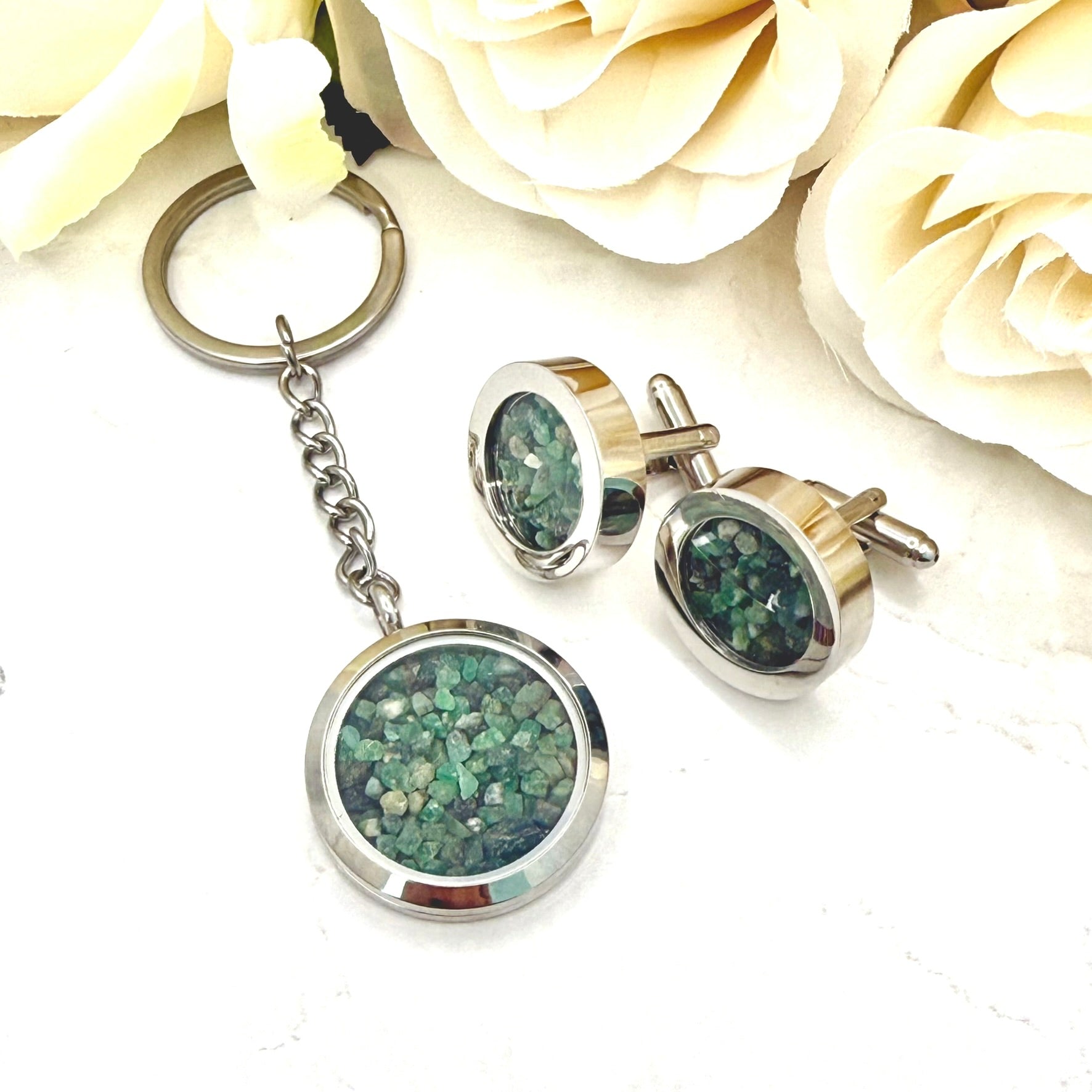 Luxury 55th Anniversary Cufflinks – Filled with Natural Raw Emerald Fragments | Elegant Gift for Him-Cufflinks-Handmadeanniversary-Add Key Ring-Handmade Anniversary