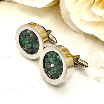 Luxury 55th Anniversary Cufflinks – Filled with Natural Raw Emerald Fragments | Elegant Gift for Him-Cufflinks-Handmadeanniversary-Cufflinks Only-Handmade Anniversary