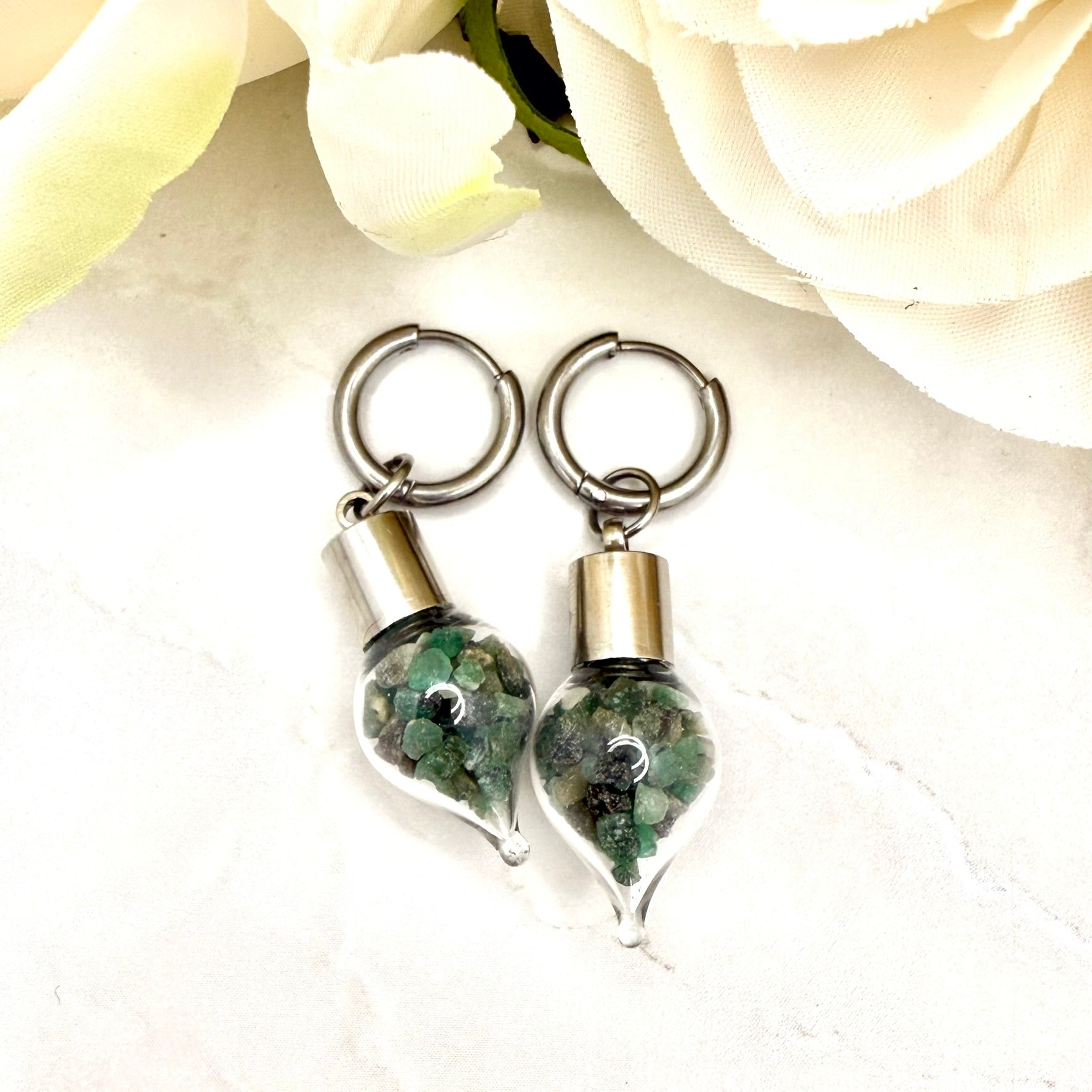 Luxury 55th Anniversary Huggie Earrings – Glass Drops with Natural Raw Emerald Fragments | Elegant Emerald Gift for Her-Pendant & Earrings-Handmadeanniversary-Handmade Anniversary
