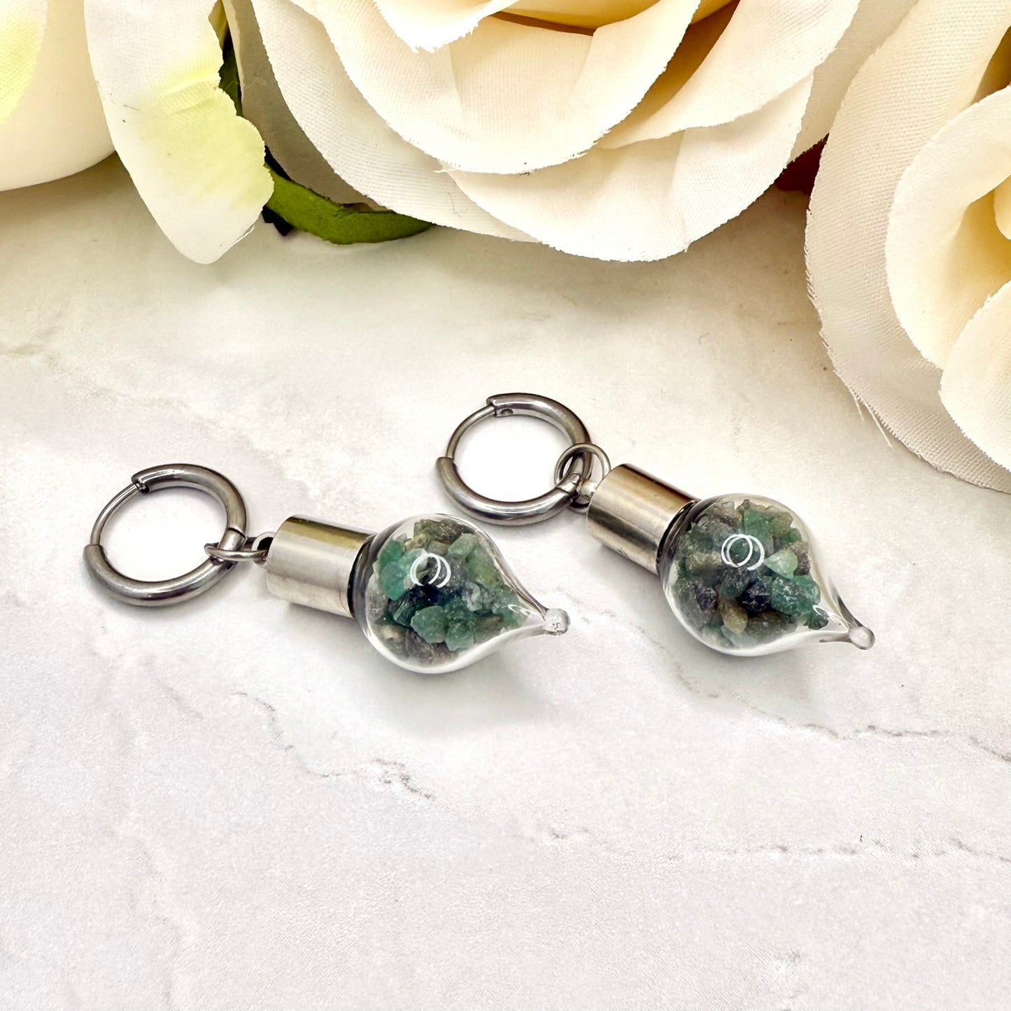 Luxury 55th Anniversary Huggie Earrings – Glass Drops with Natural Raw Emerald Fragments | Elegant Emerald Gift for Her-Pendant & Earrings-Handmadeanniversary-Handmade Anniversary