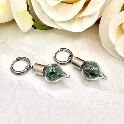Luxury 55th Anniversary Huggie Earrings – Glass Drops with Natural Raw Emerald Fragments | Elegant Emerald Gift for Her-Pendant & Earrings-Handmadeanniversary-Handmade Anniversary
