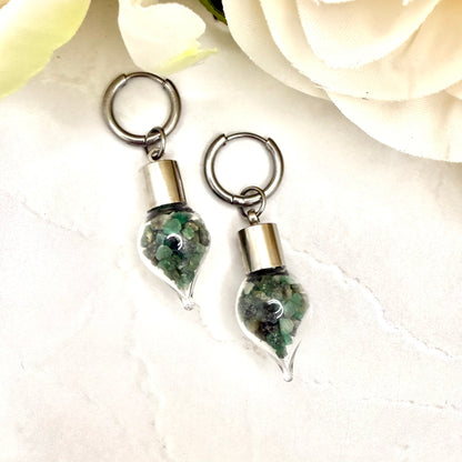 Luxury 55th Anniversary Huggie Earrings – Glass Drops with Natural Raw Emerald Fragments | Elegant Emerald Gift for Her-Pendant & Earrings-Handmadeanniversary-Handmade Anniversary