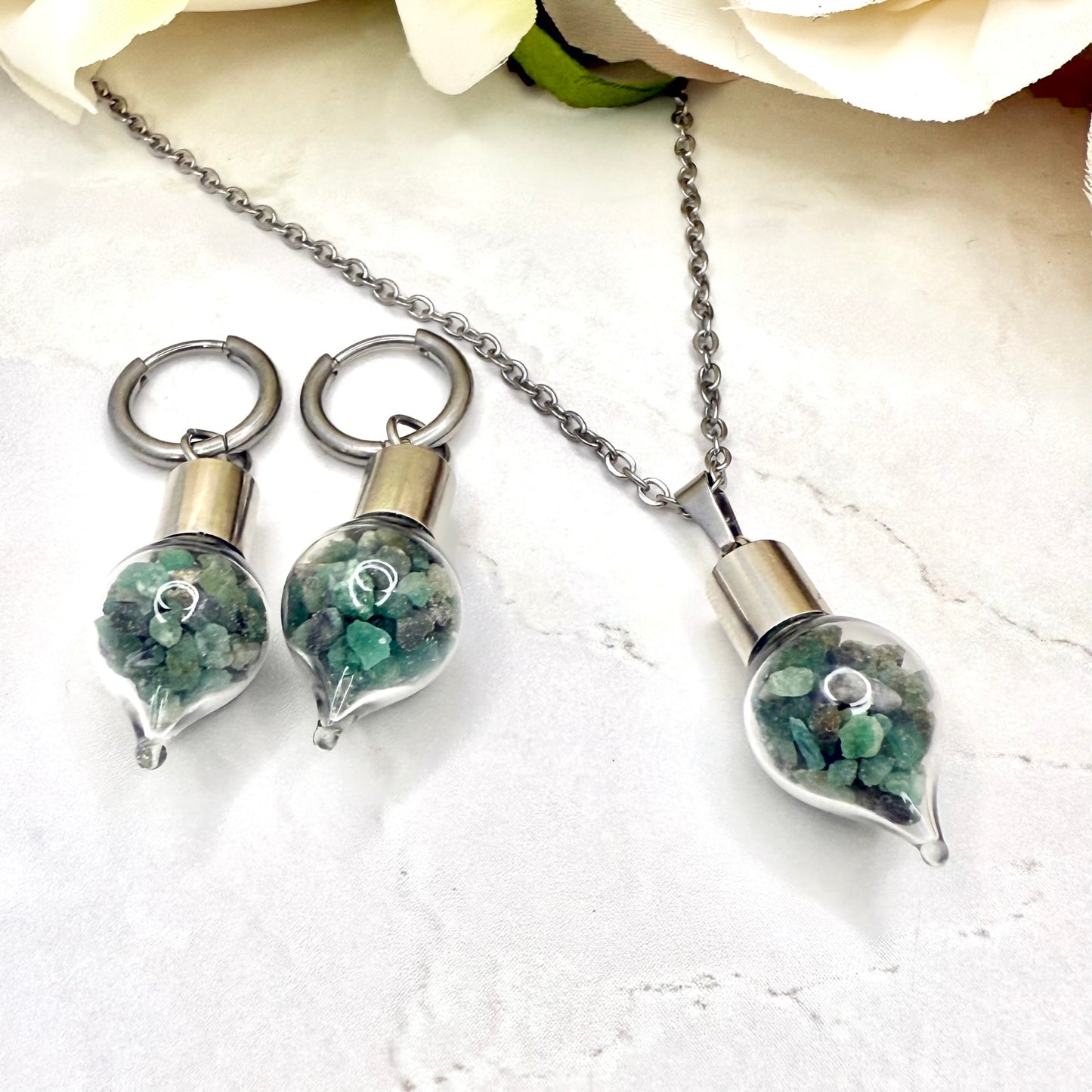 Luxury 55th Anniversary Jewellery Set – Pendant & Earrings with Natural Raw Emerald Fragments | Elegant Emerald Gift for Her-Pendant & Earrings-Handmadeanniversary-Huggie Earrings-Handmade Anniversary