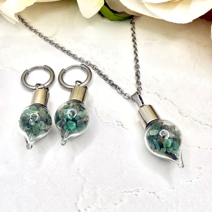 Luxury 55th Anniversary Jewellery Set – Pendant & Earrings with Natural Raw Emerald Fragments | Elegant Emerald Gift for Her-Pendant & Earrings-Handmadeanniversary-Huggie Earrings-Handmade Anniversary