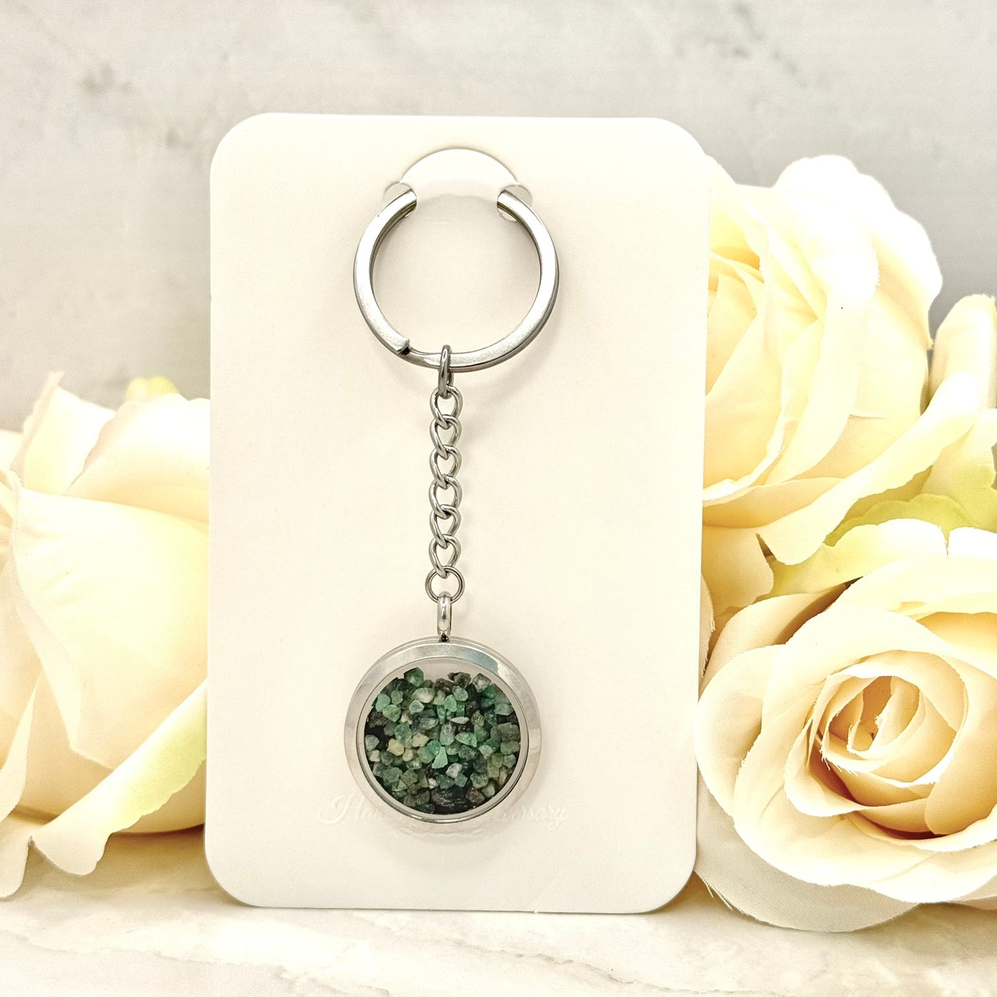 Luxury 55th Anniversary Keyring – Filled with Natural Raw Emerald Fragments | Elegant Emerald Gift for Him or Her-Keyring-Handmadeanniversary-Handmade Anniversary