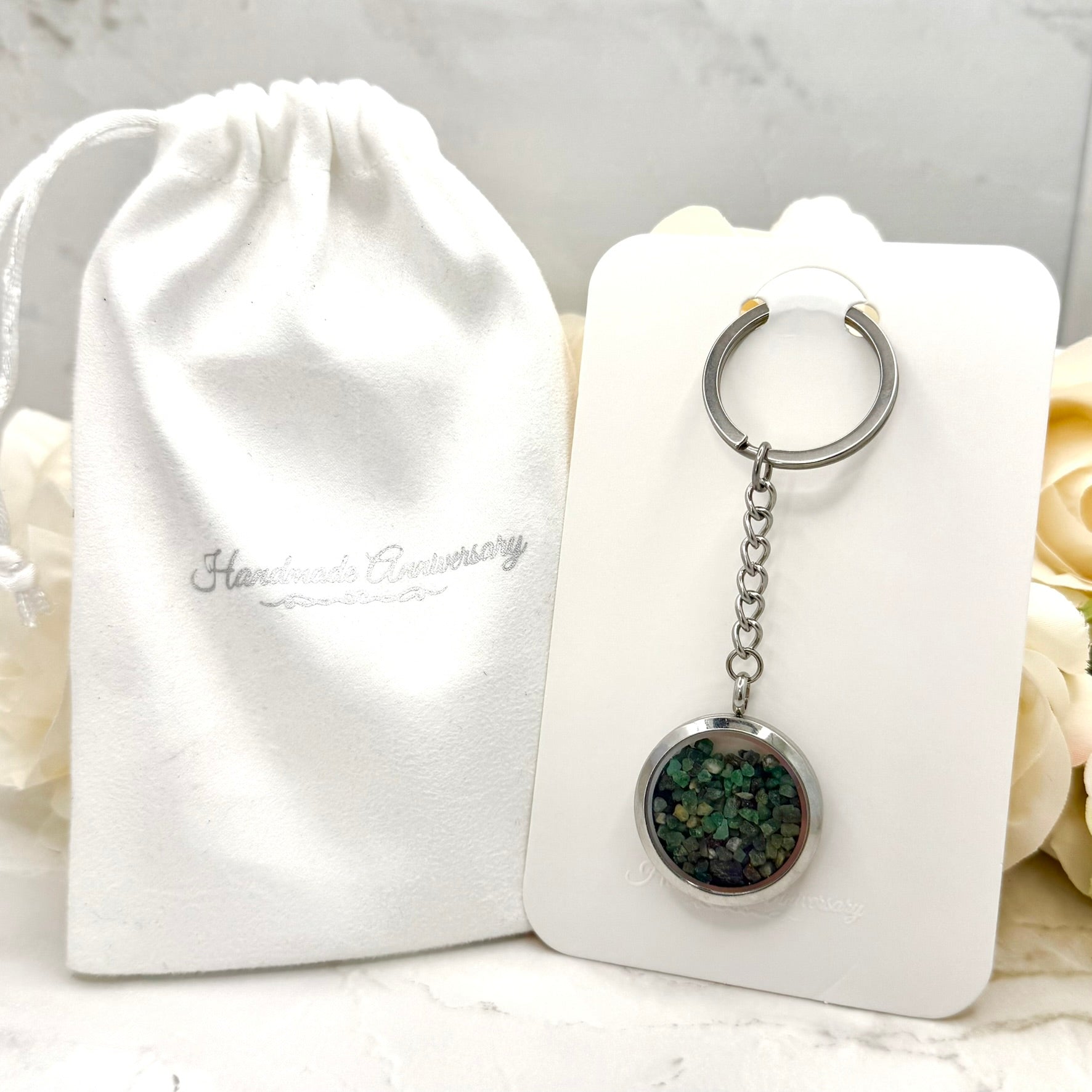 Luxury 55th Anniversary Keyring – Filled with Natural Raw Emerald Fragments | Elegant Emerald Gift for Him or Her-Keyring-Handmadeanniversary-Handmade Anniversary