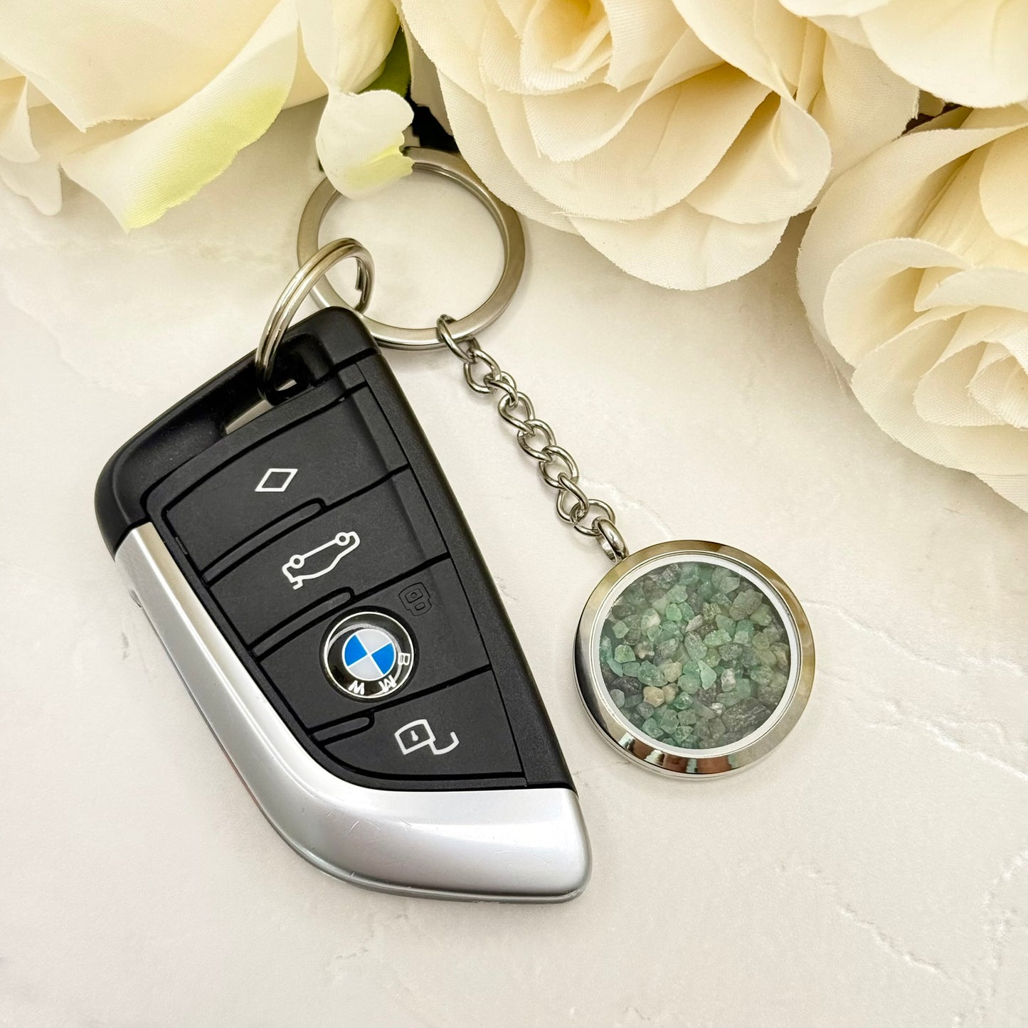 Luxury 55th Anniversary Keyring – Filled with Natural Raw Emerald Fragments | Elegant Emerald Gift for Him or Her-Keyring-Handmadeanniversary-Handmade Anniversary