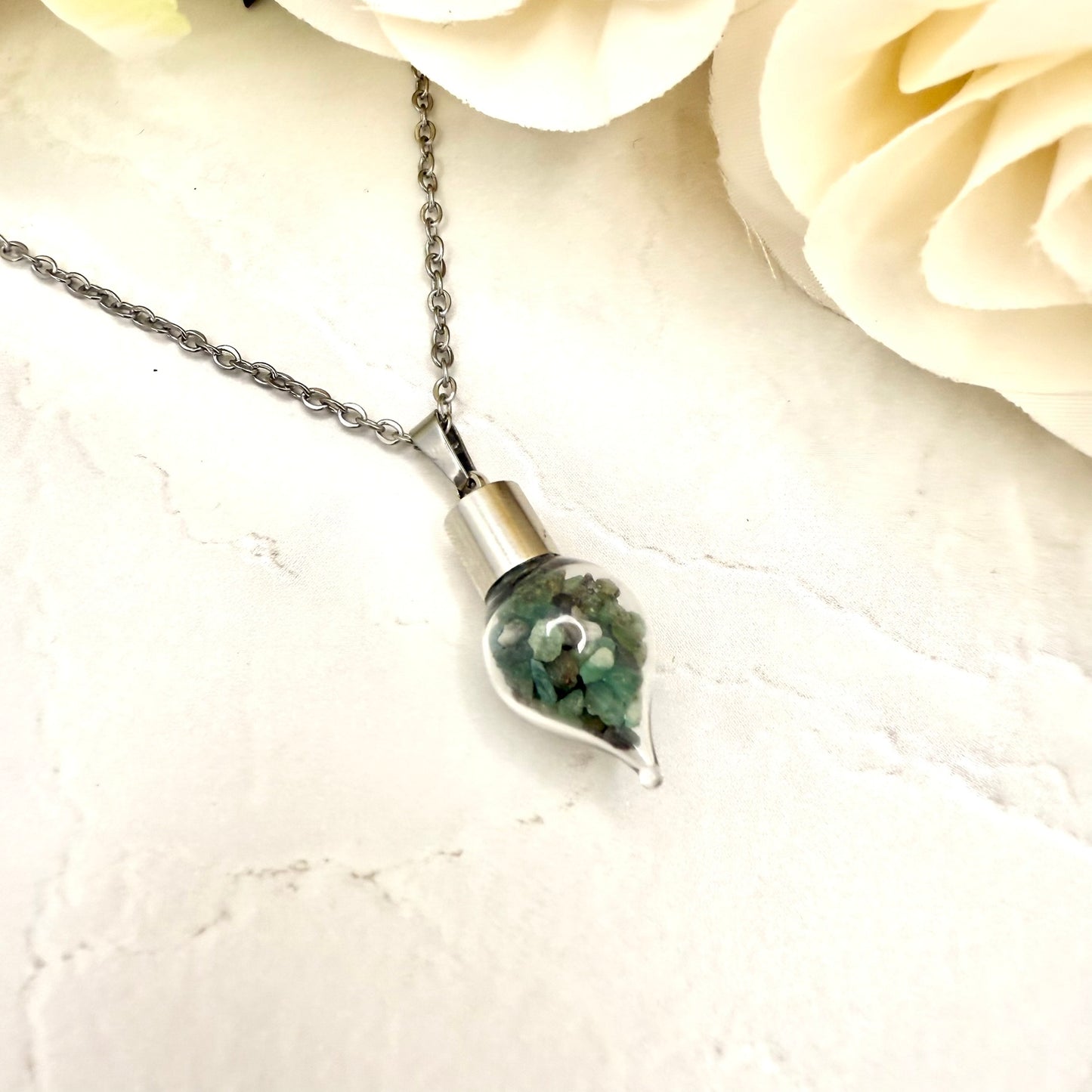Luxury 55th Anniversary Pendant – Glass Drop with Natural Raw Emerald Fragments | Elegant Gift for Her-Pendant & Earrings-Handmadeanniversary-Handmade Anniversary